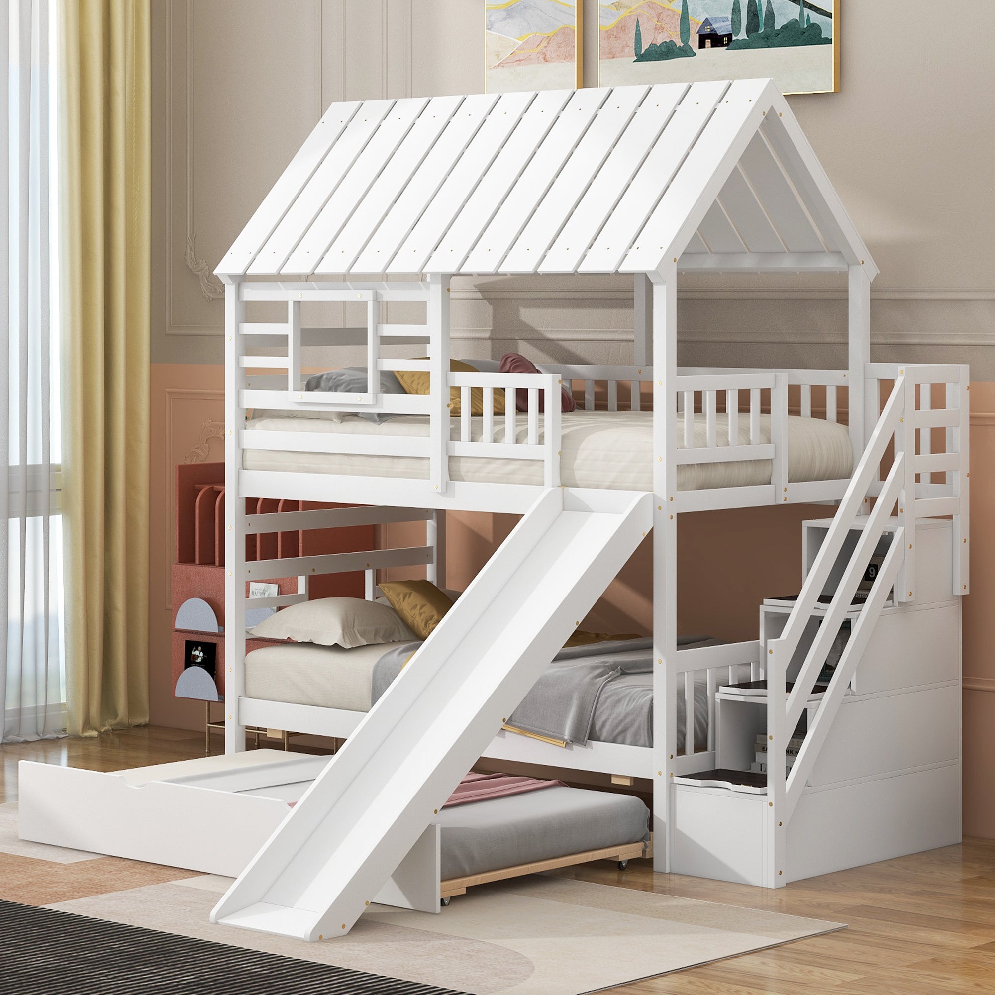 White twin over twin house bunk bed with slide and storage staircase, front view