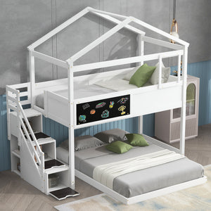 White twin over full house bunk bed with storage staircase, front view