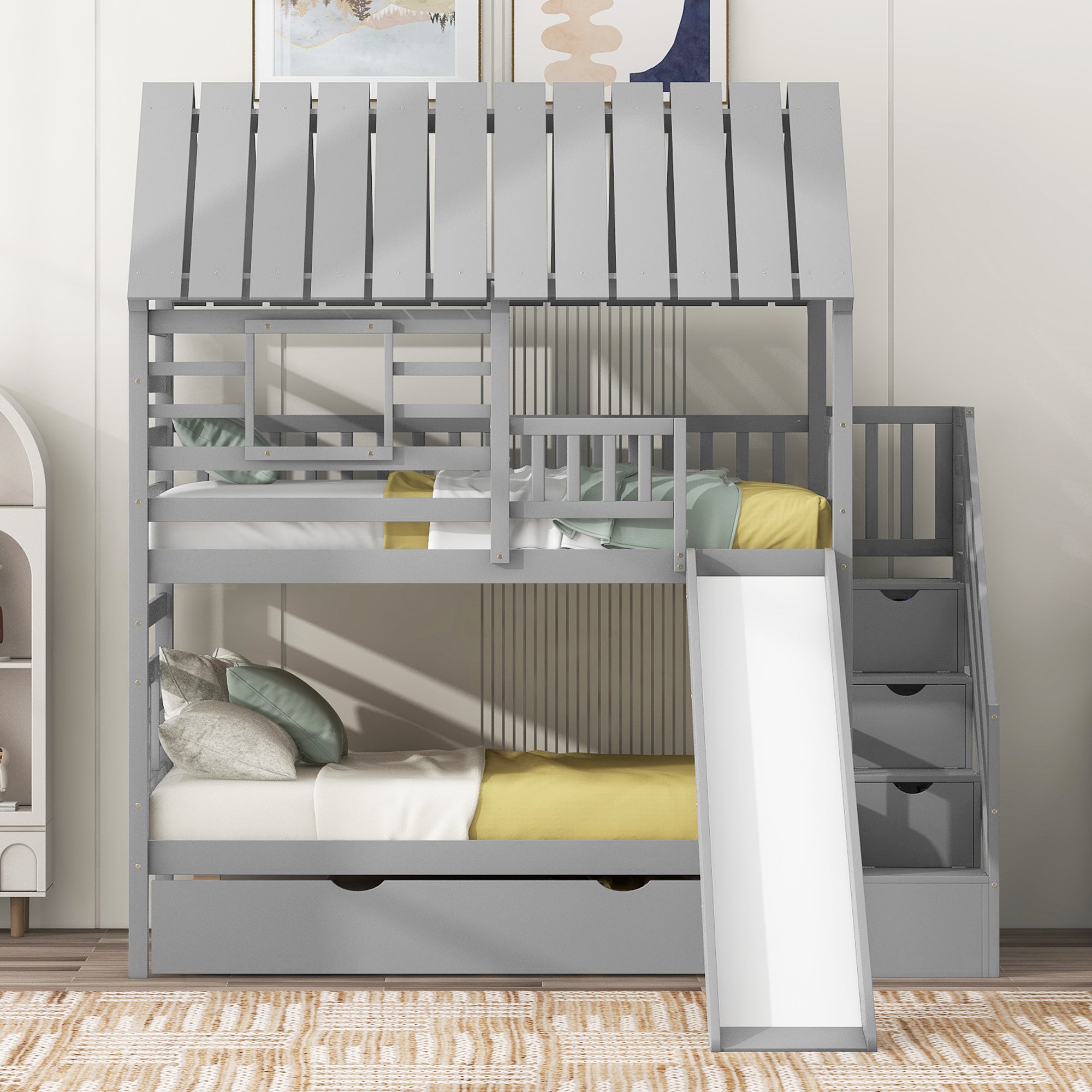 House bunk bed storage staircase and slide detail