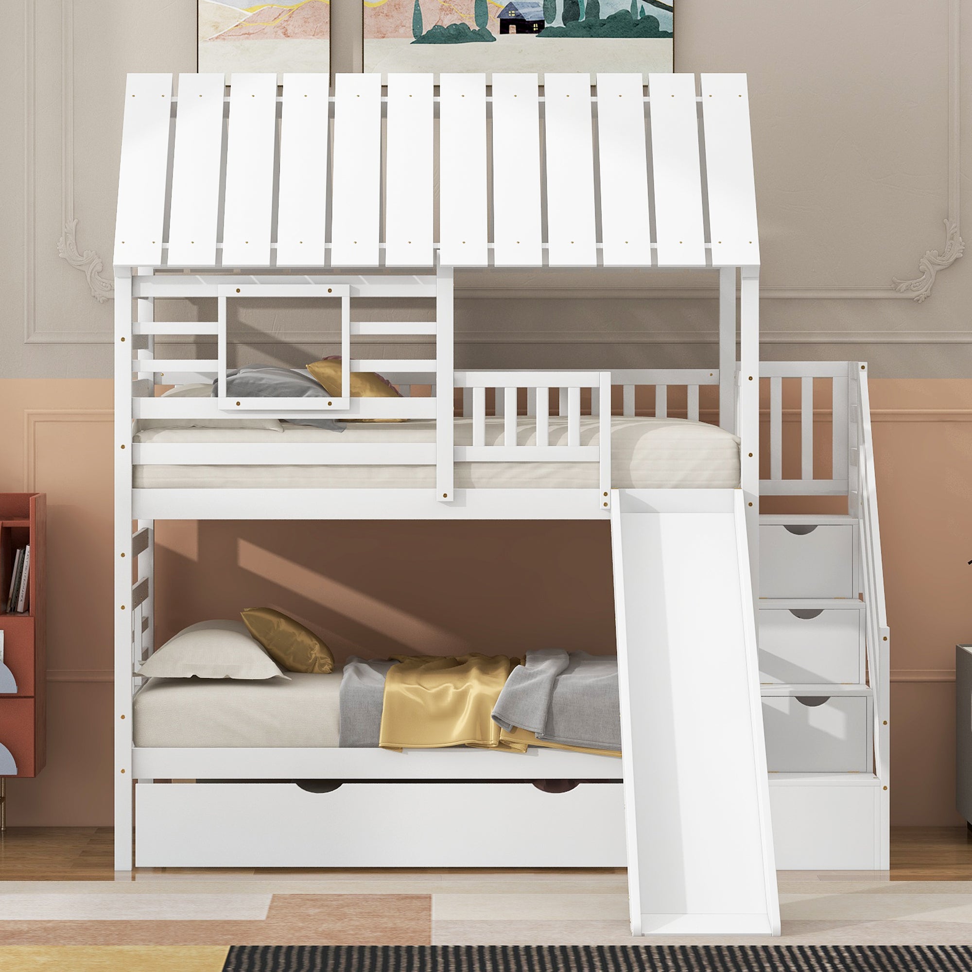 White twin over twin bunk bed showing built-in slide detail