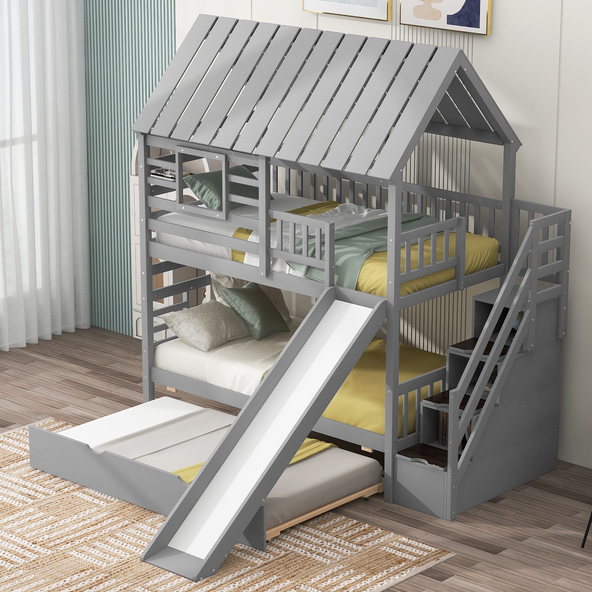 Twin over twin house bunk bed in a shared bedroom