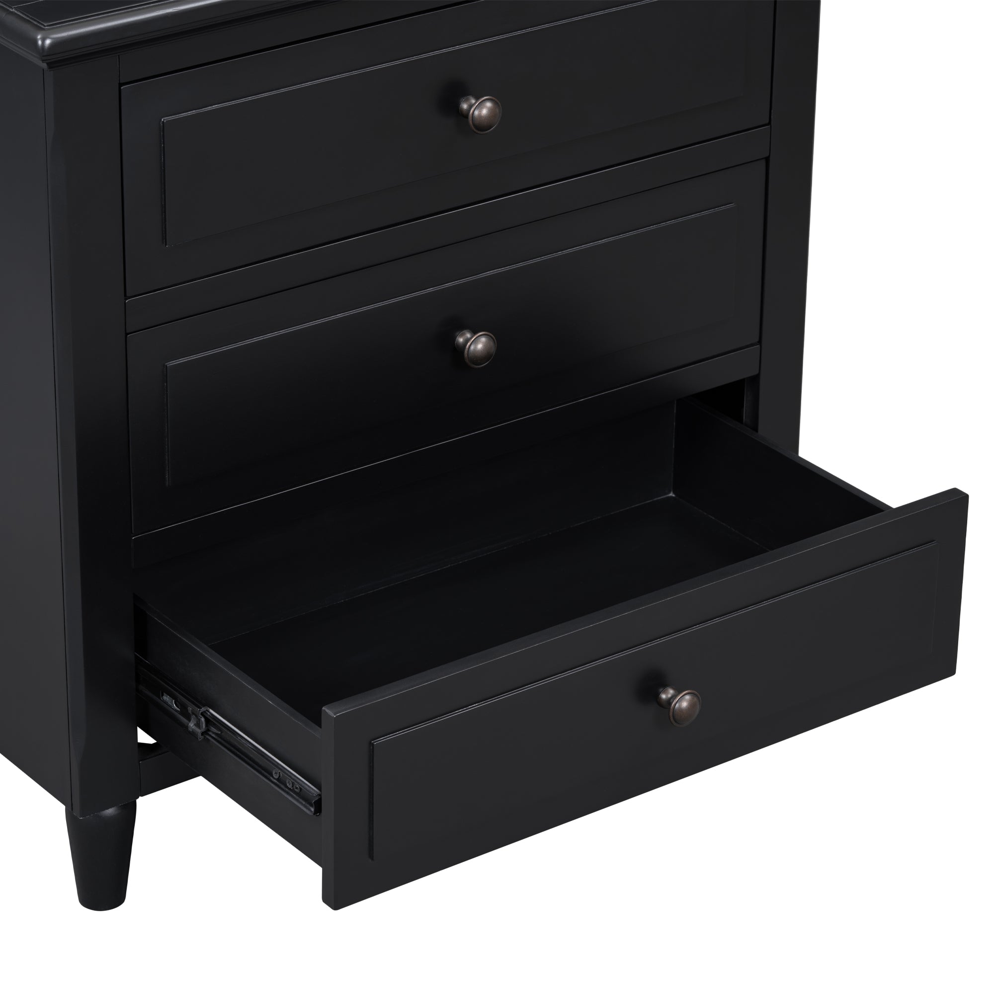 Minimalist painted nightstand metal handle close-up detail