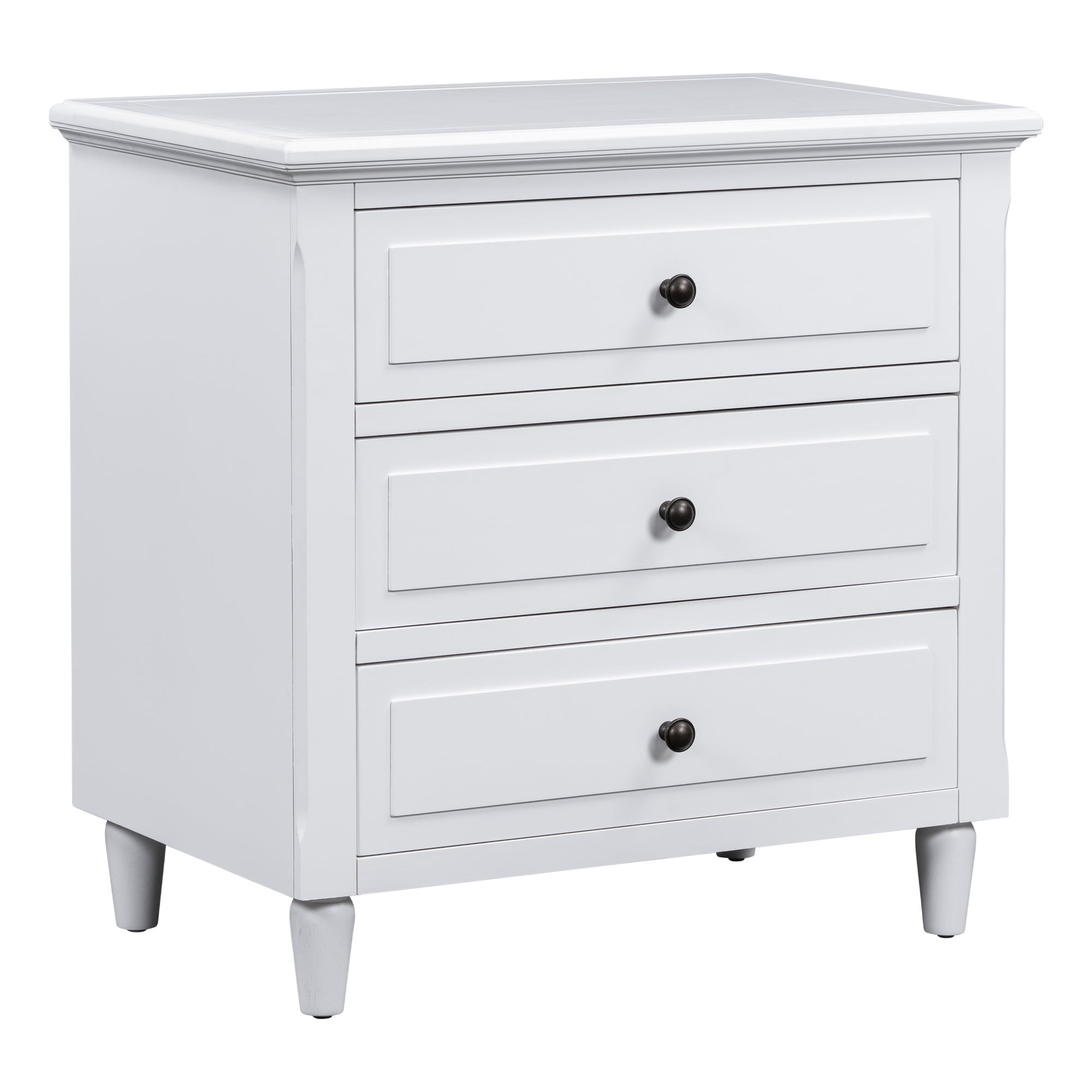Painted bedside cabinet with rubber legs, side profile view