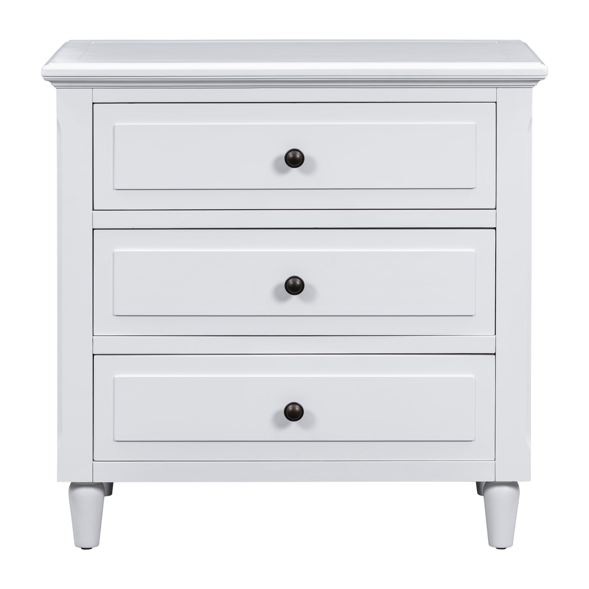 Minimalist nightstand with drawers open showing smooth gliding rails