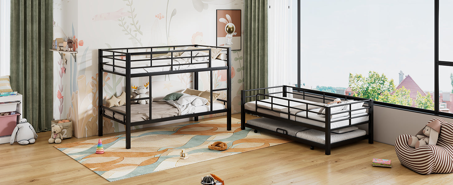 Triple bunk bed with the pull-out twin trundle shown separately