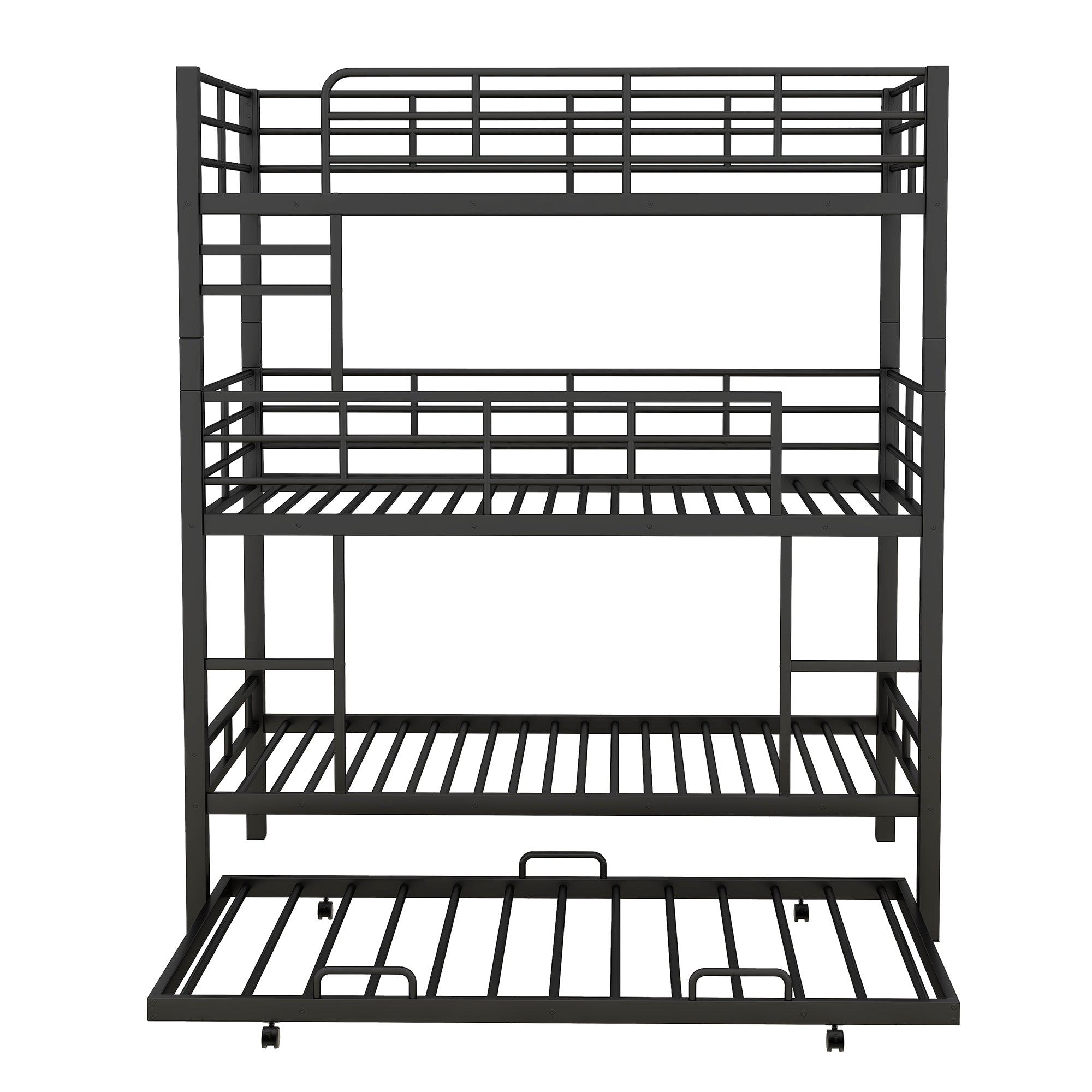 Isolated front view of the triple bunk bed with trundle extended
