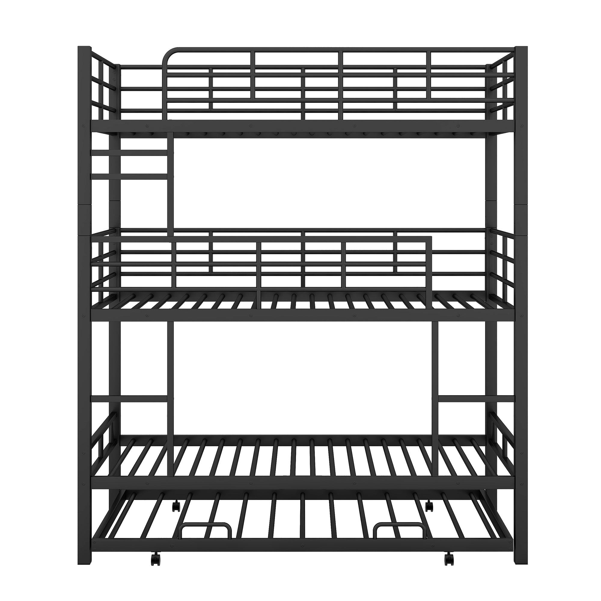 Isolated rear angle of the antique black triple bunk bed frame