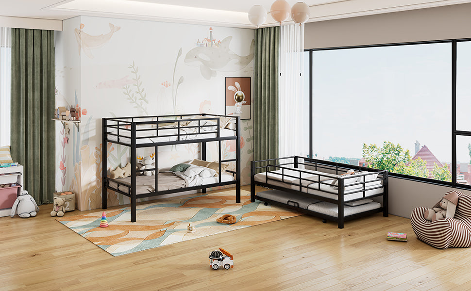Triple bunk bed shown with the twin trundle pulled out for use