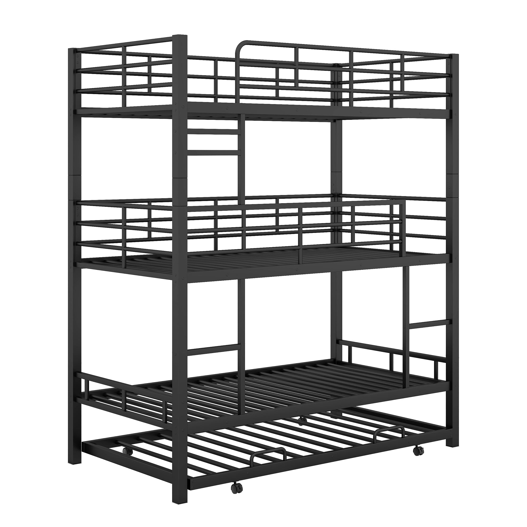 Isolated side view of the metal twin triple bunk bed