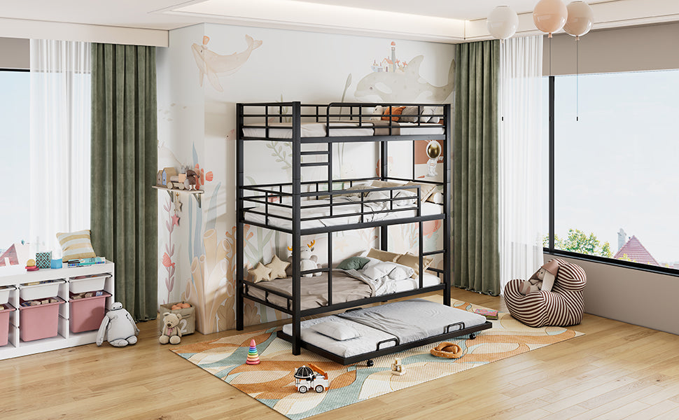 Angled bedroom view of the triple bunk bed with trundle extended