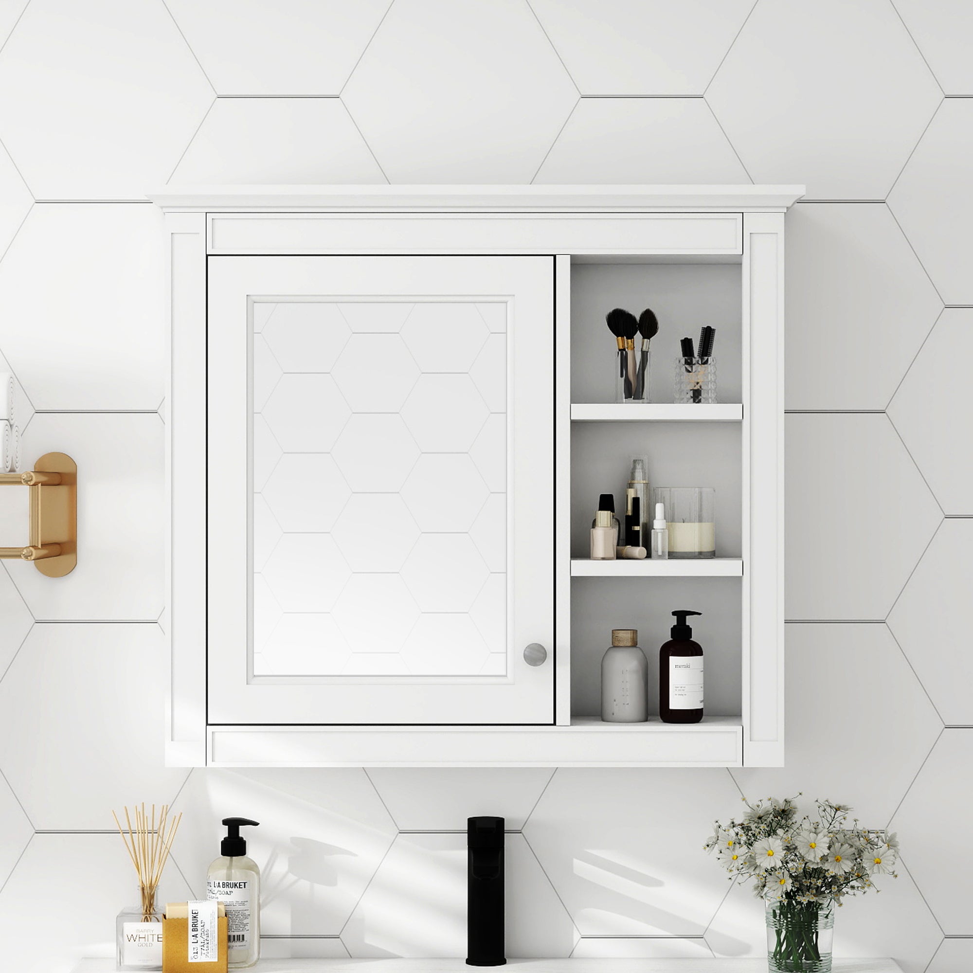 Modern wall-mounted medicine cabinet 30 x 28 inch with mirror, front view