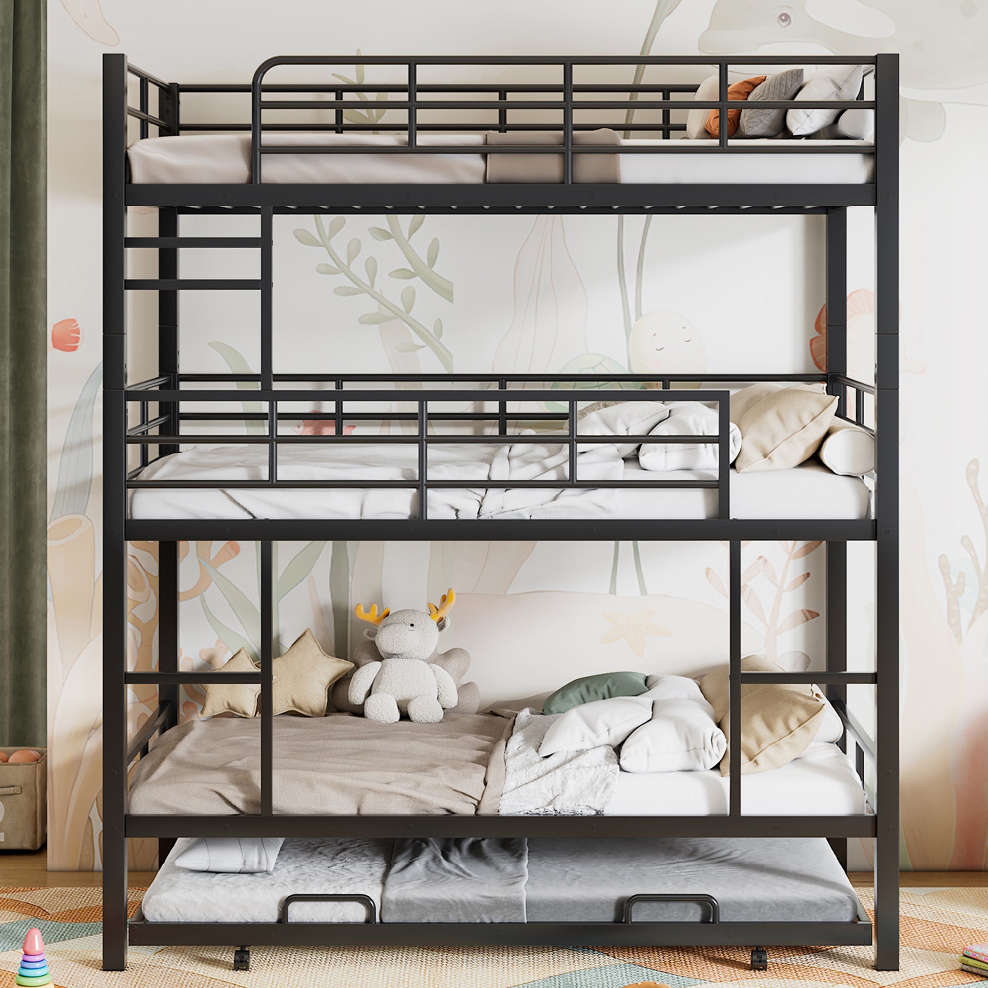 Front view of the antique black triple bunk bed with trundle