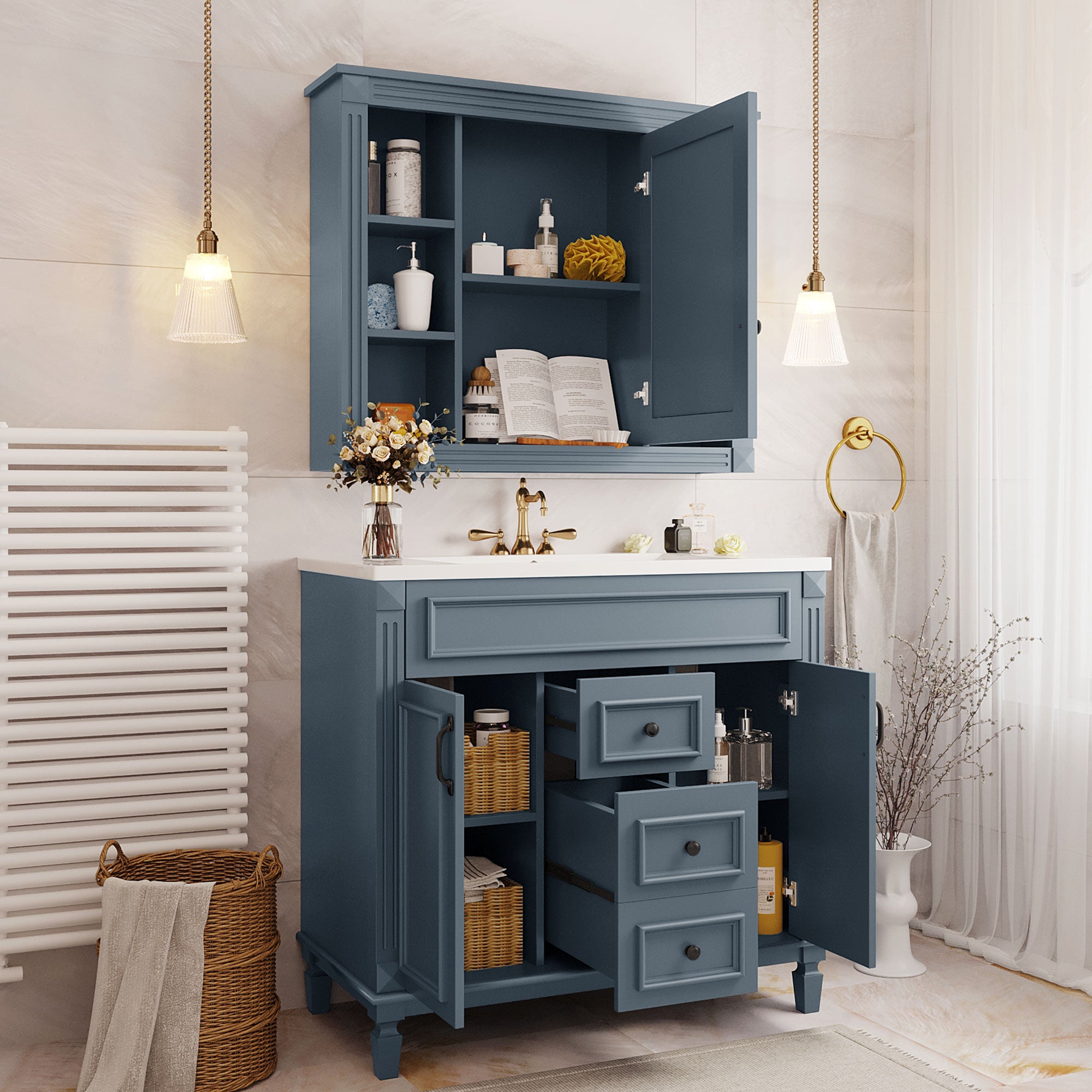 Royal blue bathroom vanity single top-mounted sink close-up