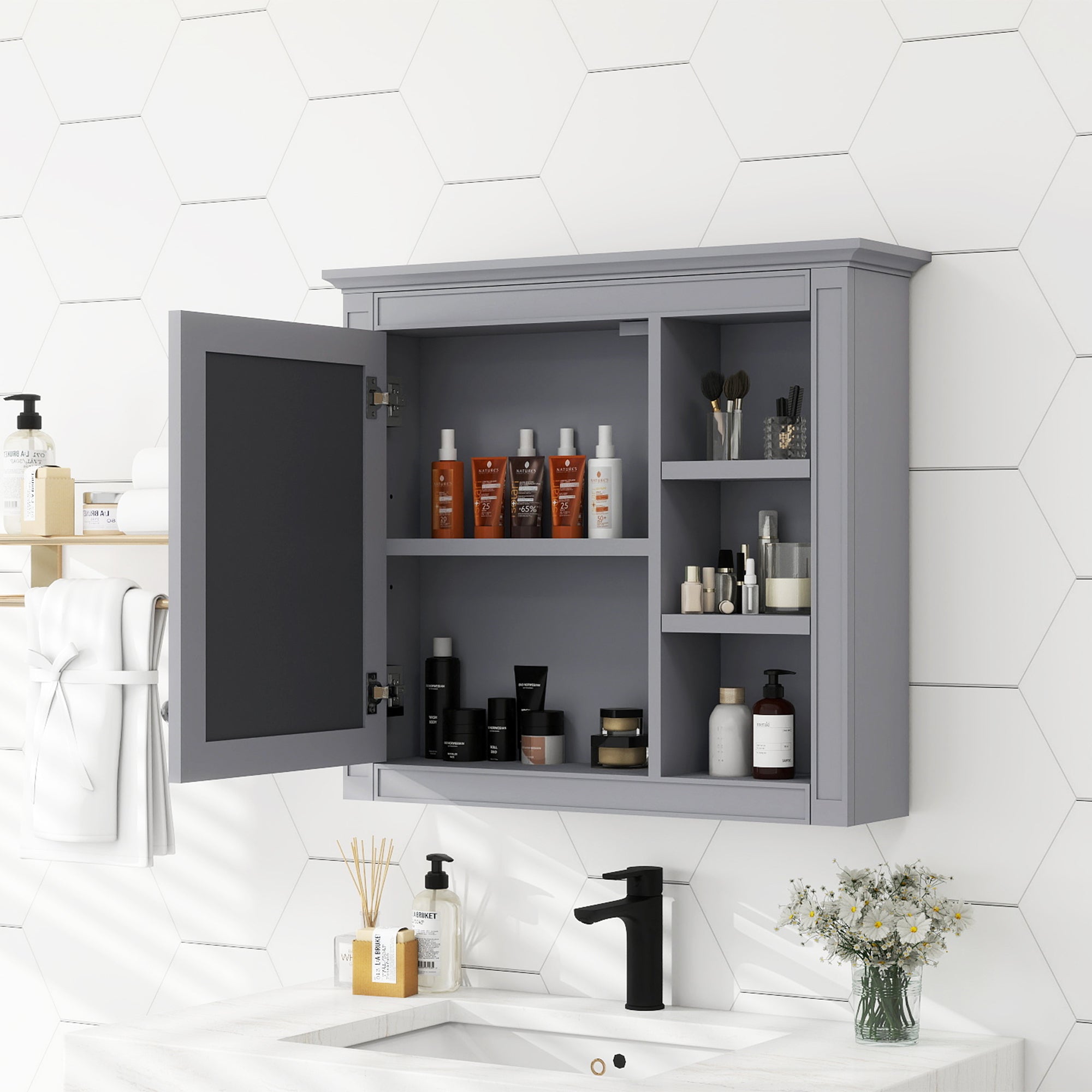 Medicine cabinet with 3 open shelves storage, side detail