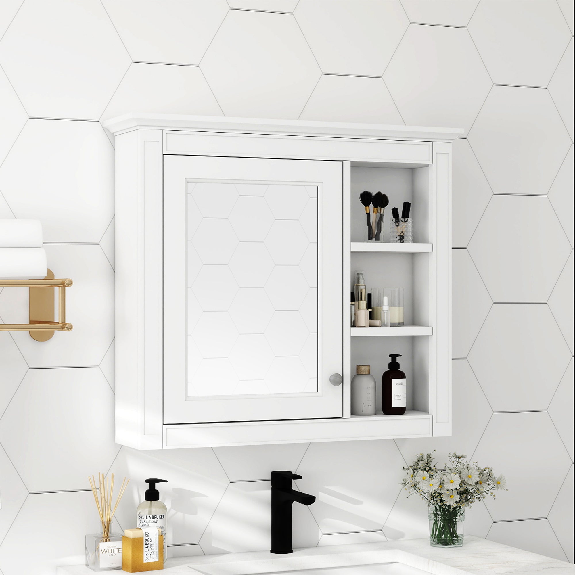 Medicine cabinet mirror with 3 open shelves, angled view