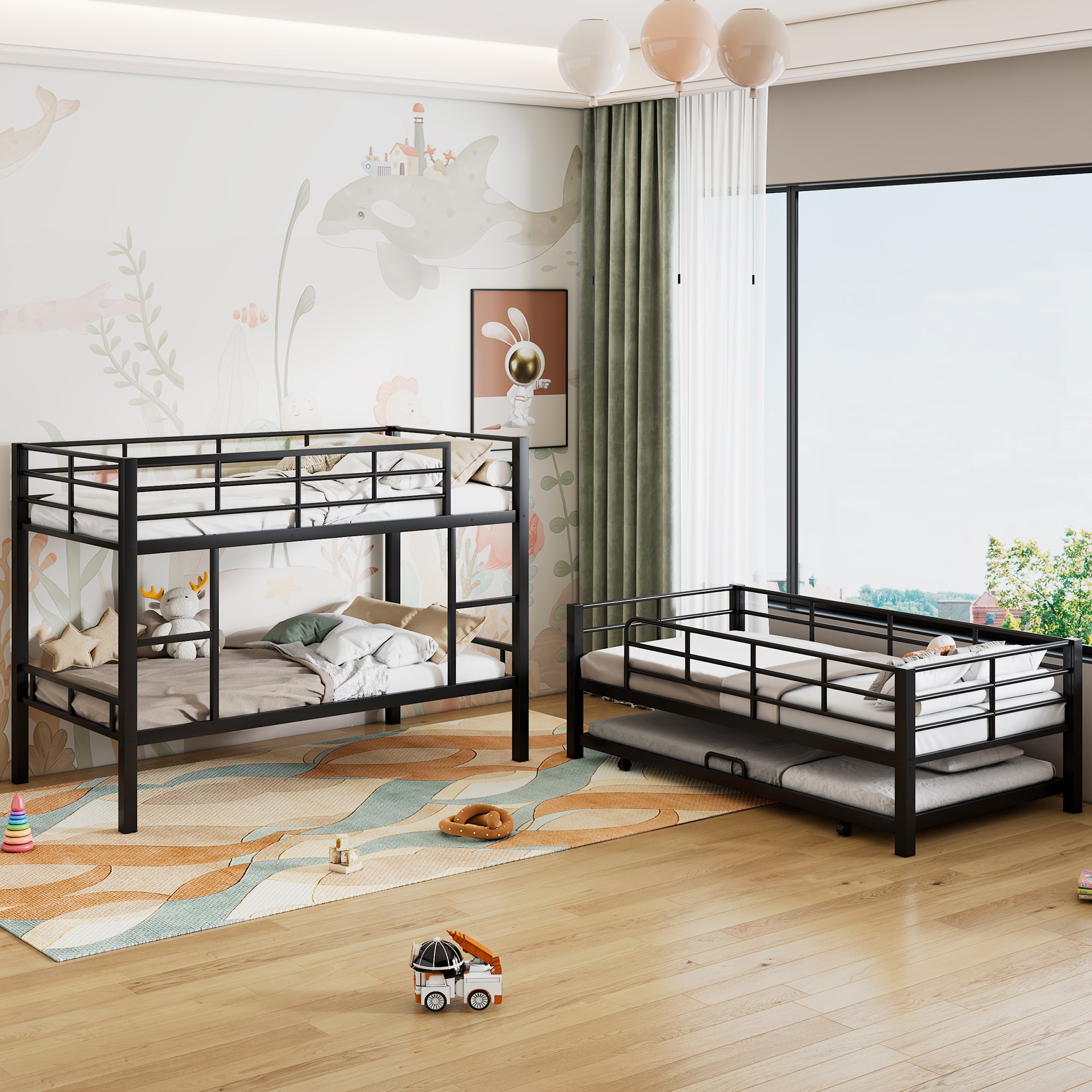 Antique black triple bunk bed with the twin trundle pulled out beside the frame
