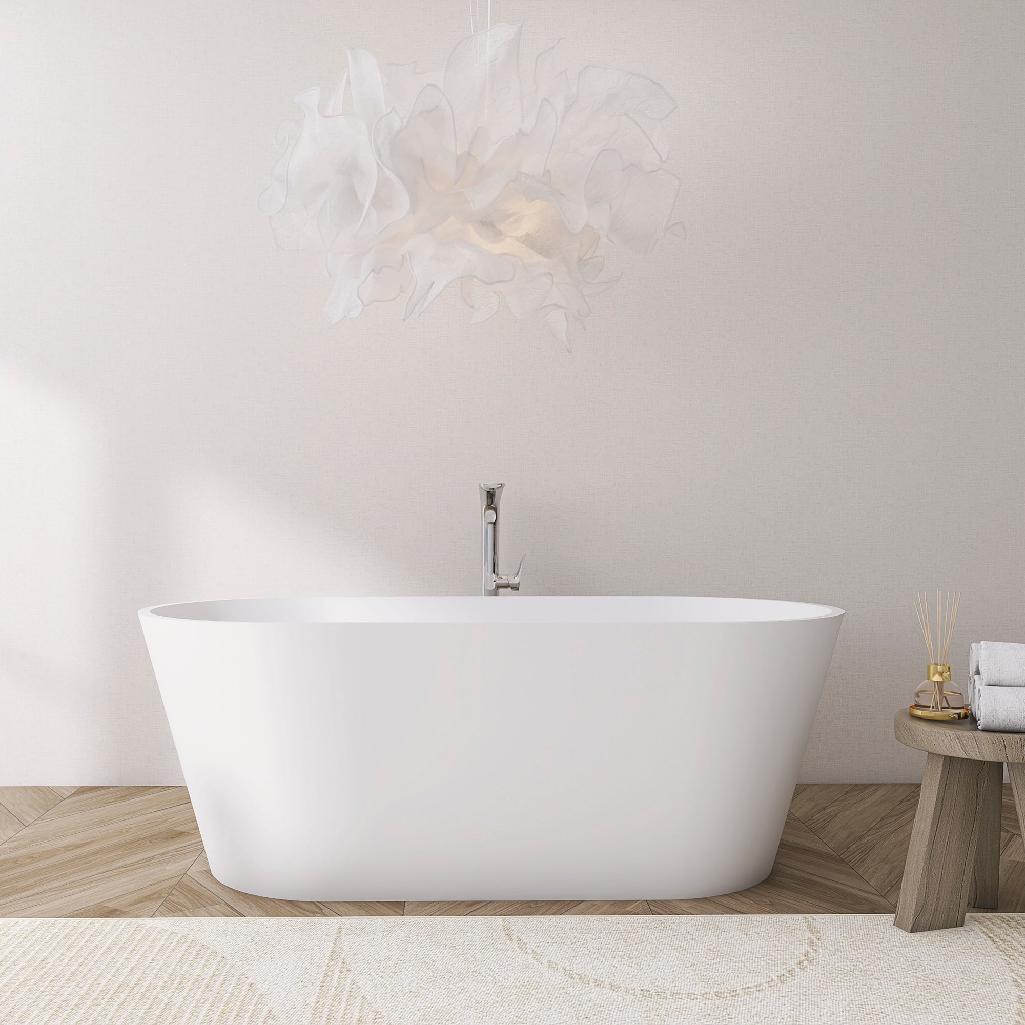 Freestanding solid surface soaking bathtub, 65 inch, white, angled full view