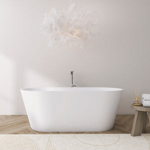 63 inch freestanding solid surface soaking bathtub, white, full front view