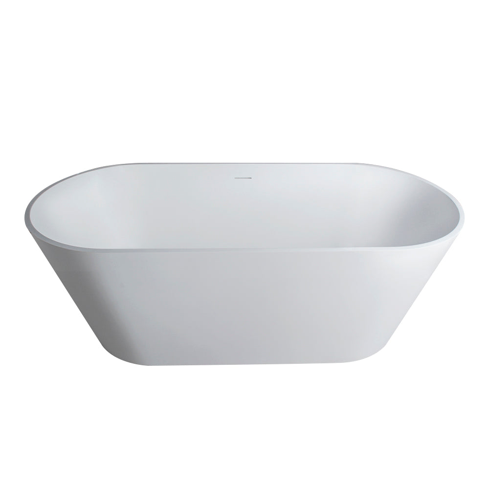 55 inch freestanding solid surface soaking bathtub, white, drain and end detail