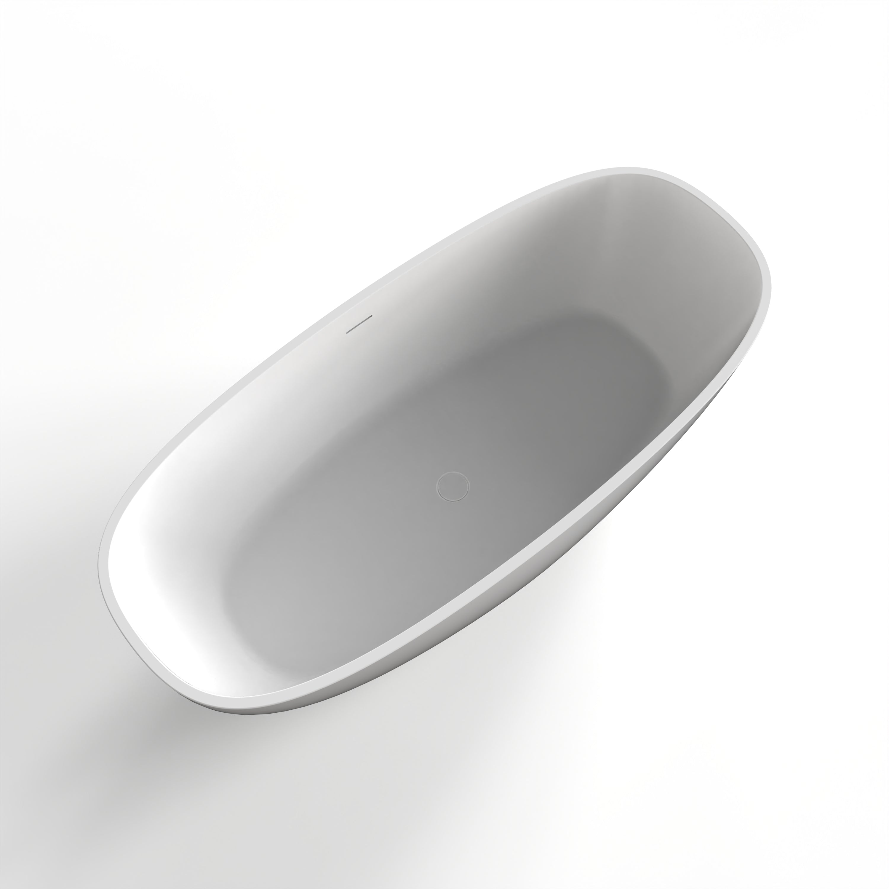 Freestanding solid surface bathtub, white, drain and overflow detail
