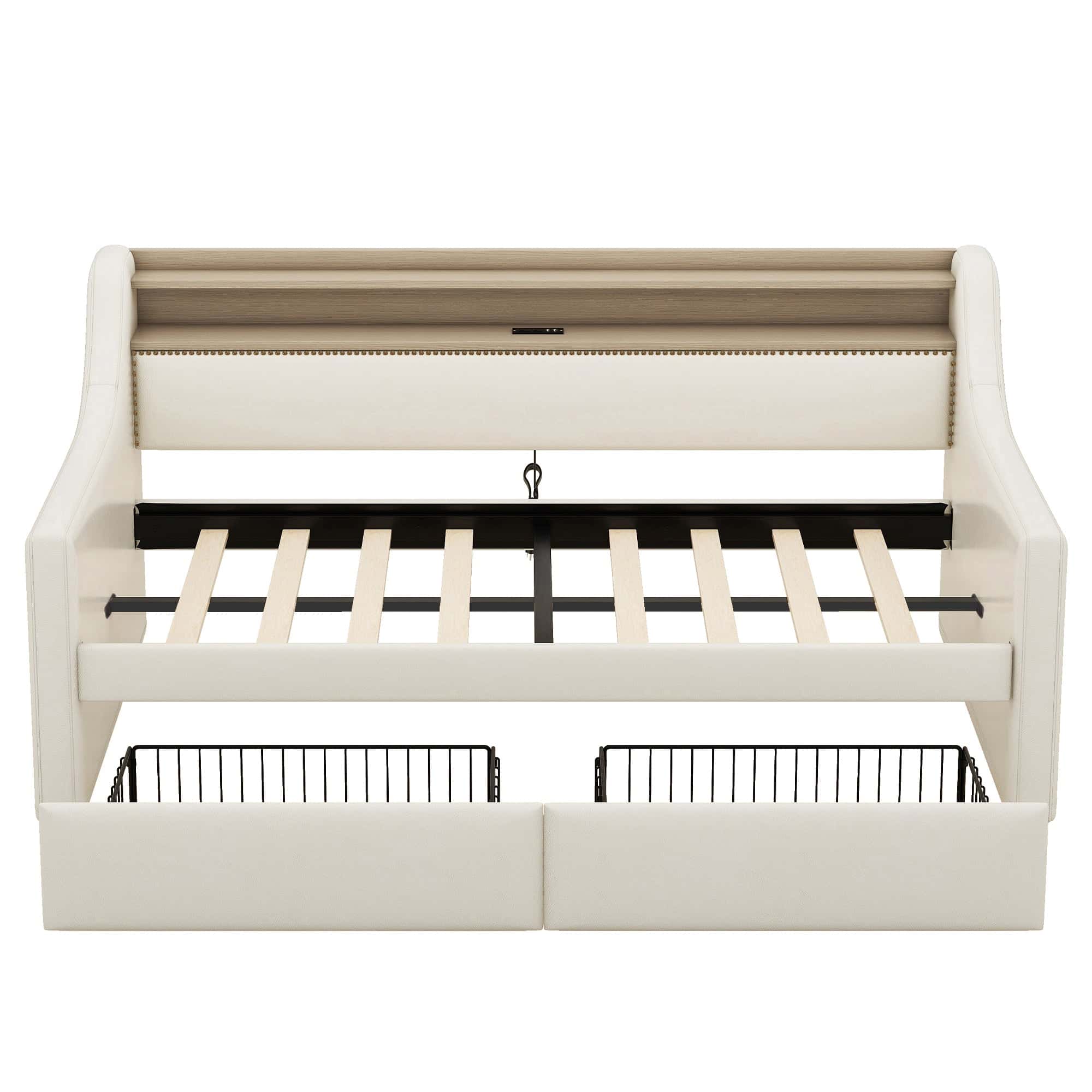 Twin Size Daybed with Storage Drawers, Upholstered Daybed with Charging Station and LED Lights, Beige (Old Item W1580S00022)