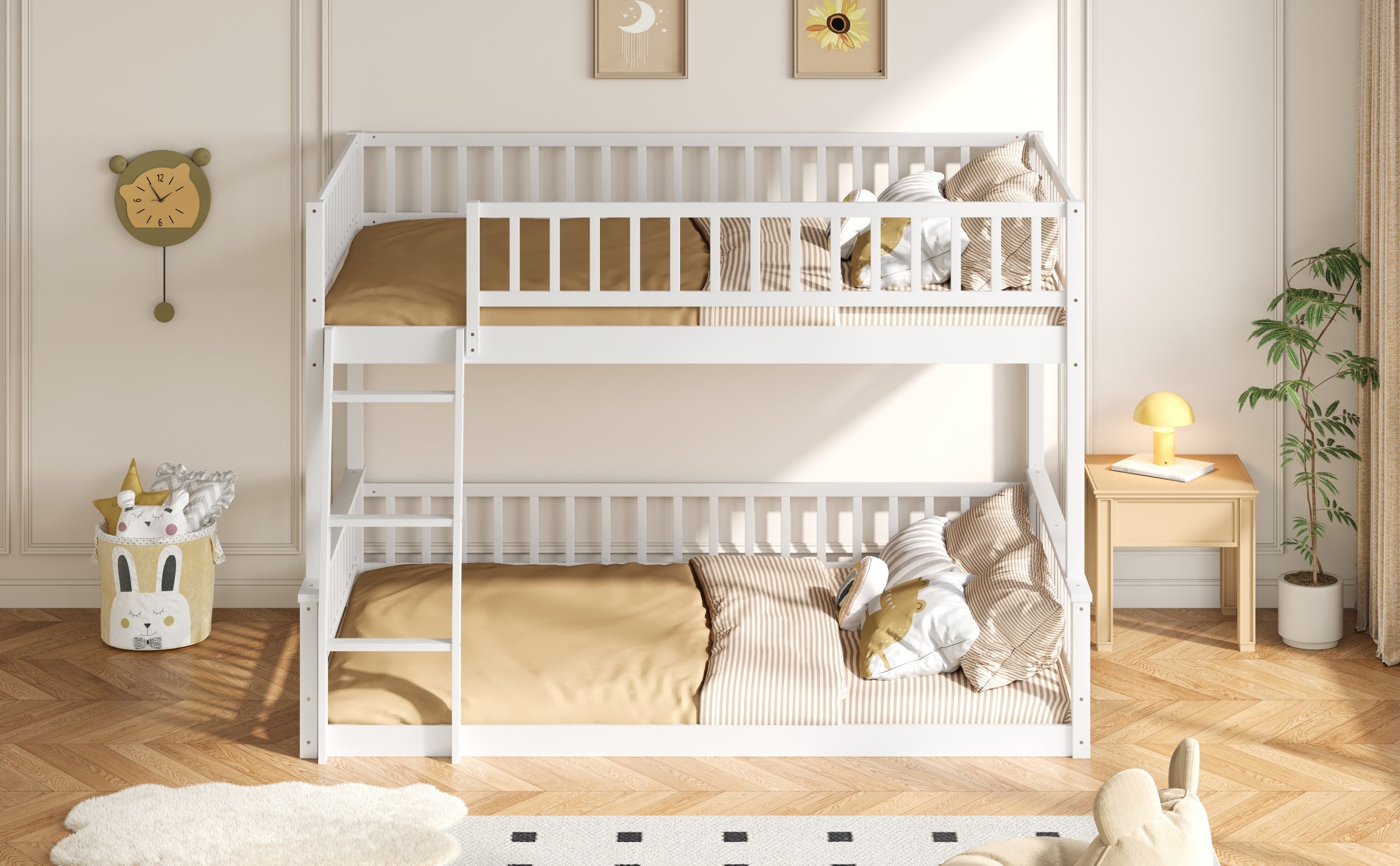 White Full XL over Queen bunk bed side profile view