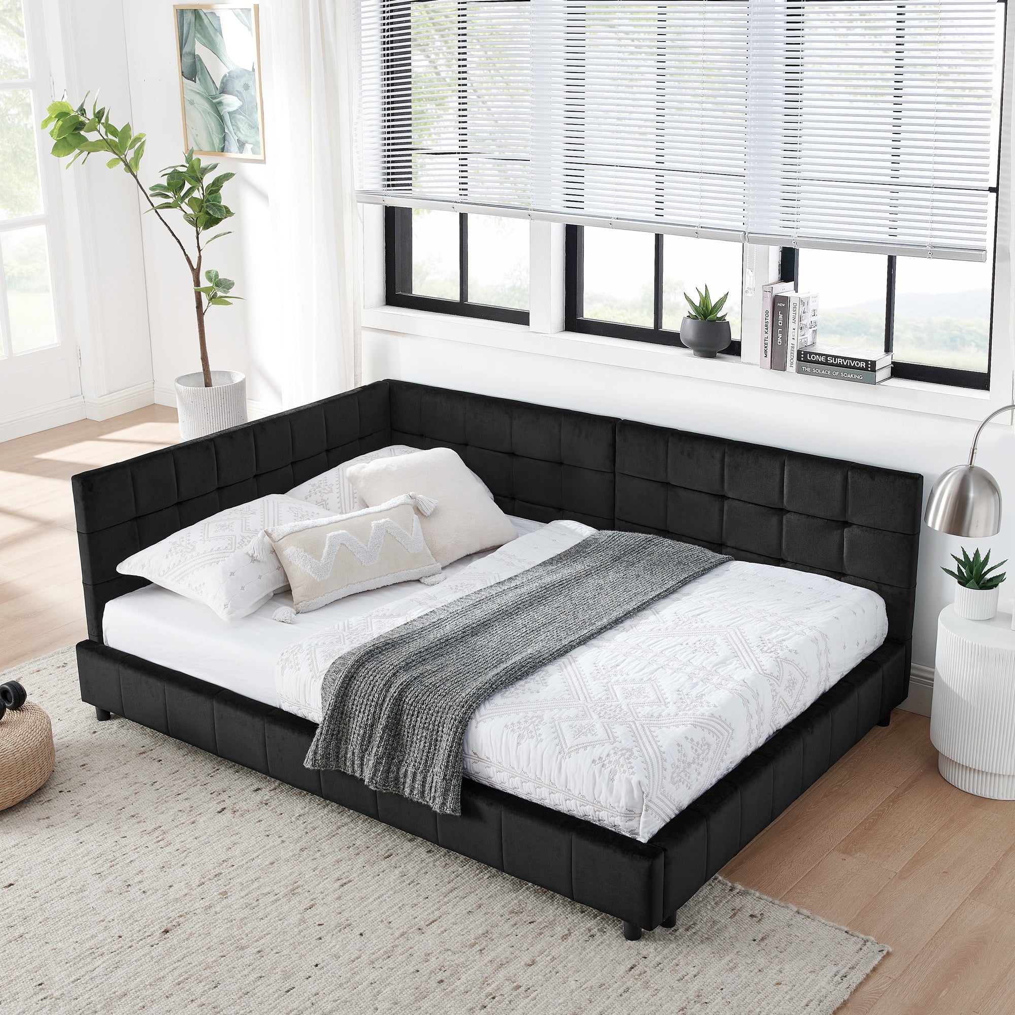 Full Size Upholstered Tufted Bed Frame, Sofa Bed Frame with Comfortable Backrest and Armrests, Full Size Bed for Bedroom, Living Room,Velvet, Black(80.5''*59''*30.5'')