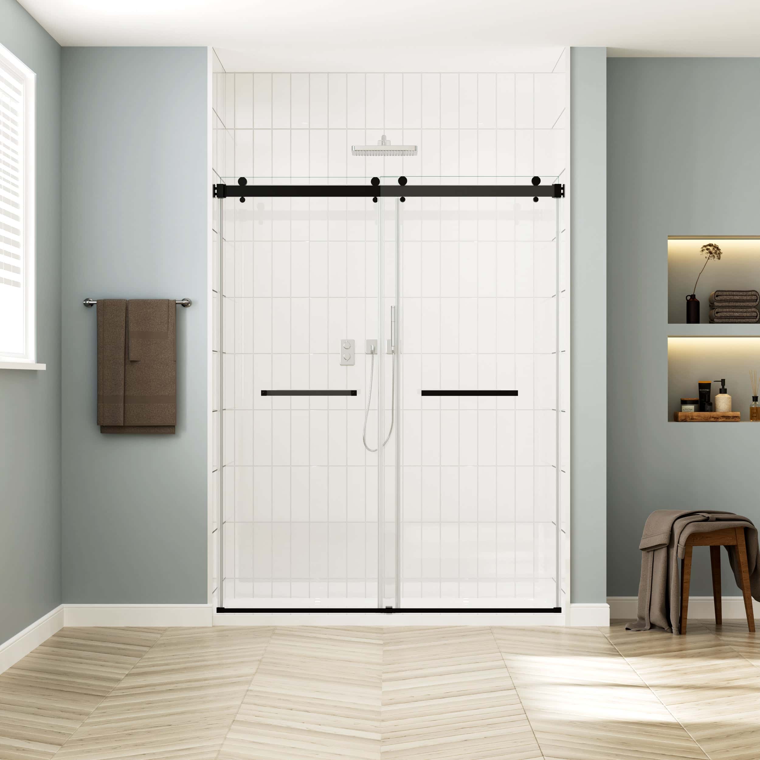 56-60"W x 77"H Sliding Frameless Soft-Close Shower Door with Premium 3/8 Inch (10mm) Thick Tampered Glass in Matte Black 03A42-6076