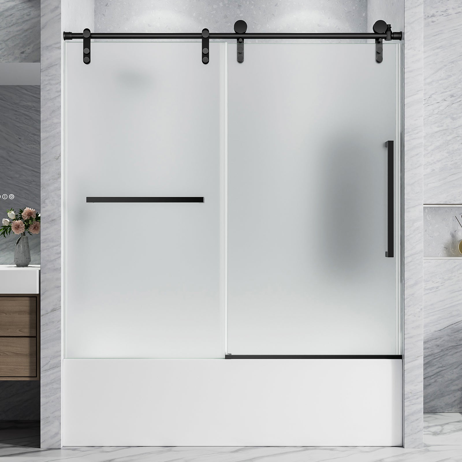 60 x 60 in Frameless Single Sliding Tub Door - 60 x 60 in / Frosted Glass / Matte Black view 1