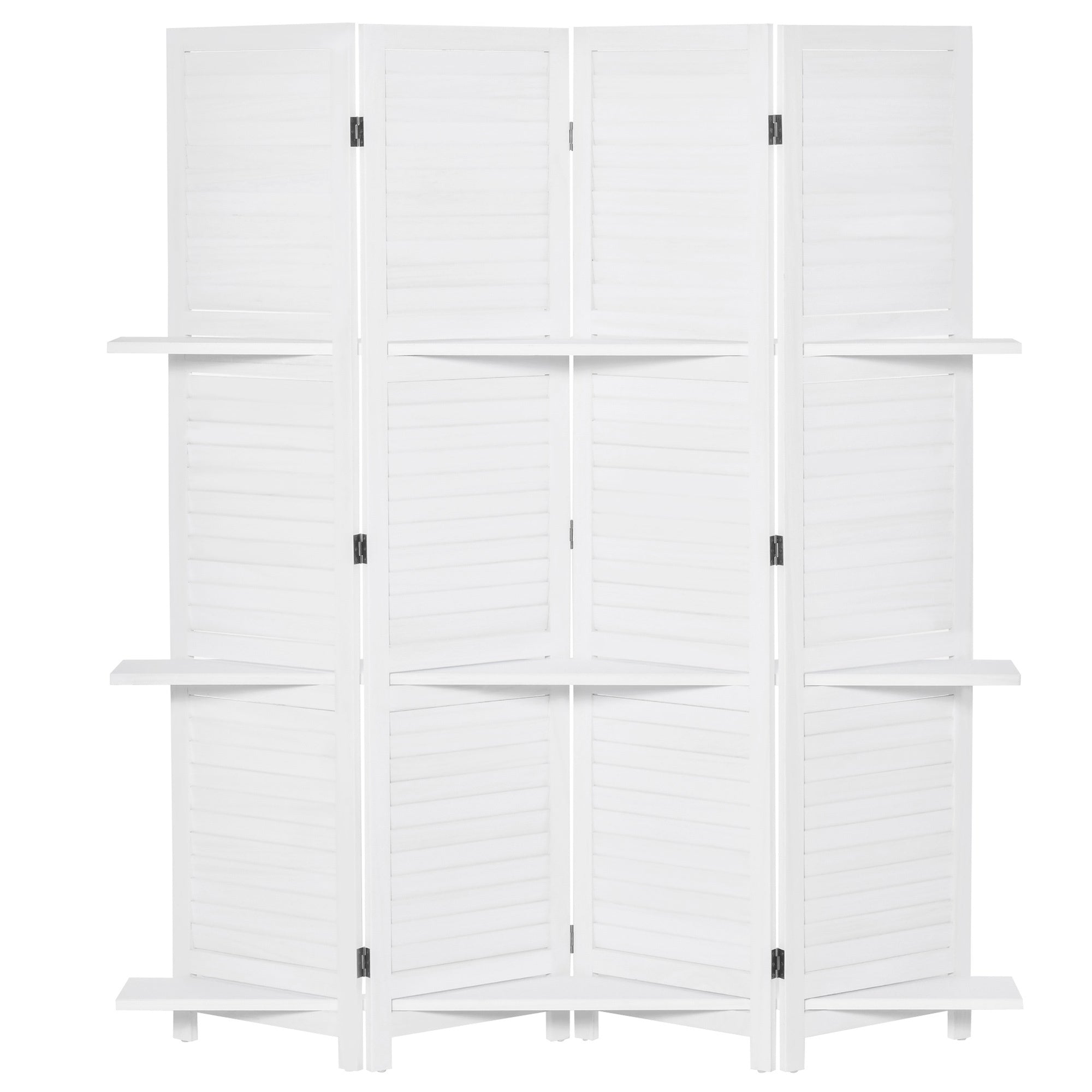 HOMCOM 4 Panel 67" Tall Wood Privacy Screen Room Divider with 3 Display Shelves, and Folding Storage for Bedroom or Home Office, White