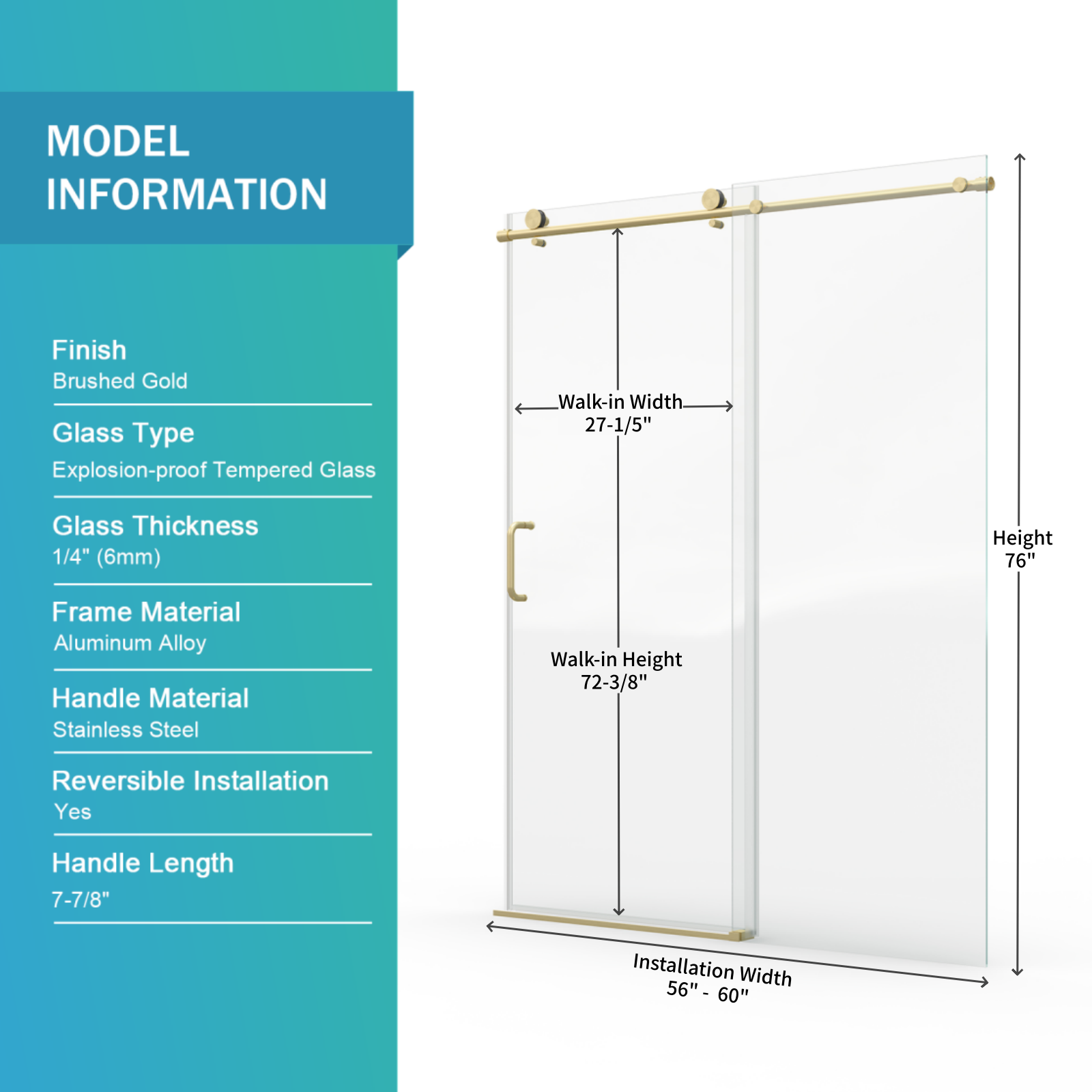 56-60 x 76 in frameless single sliding shower door installation view