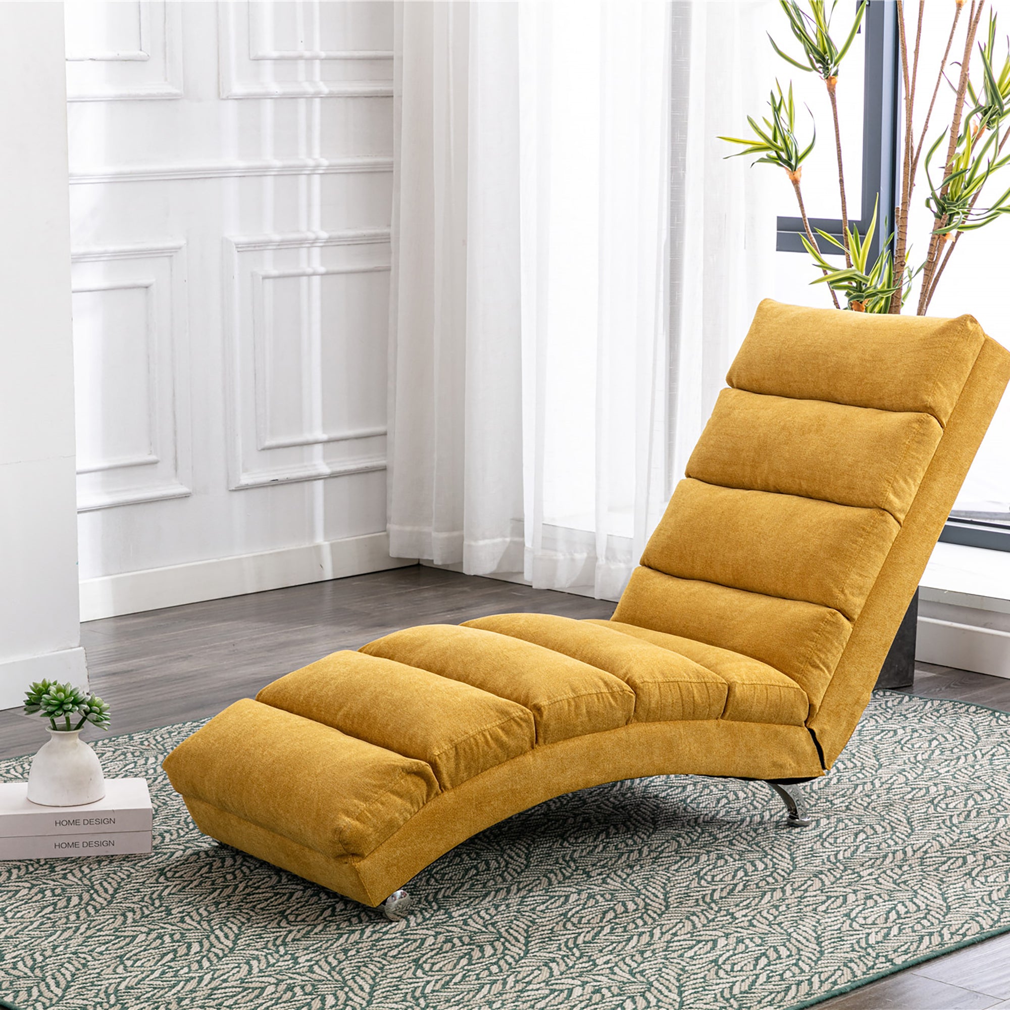 Fabric chaise lounge recliner with fixed back, side angle view