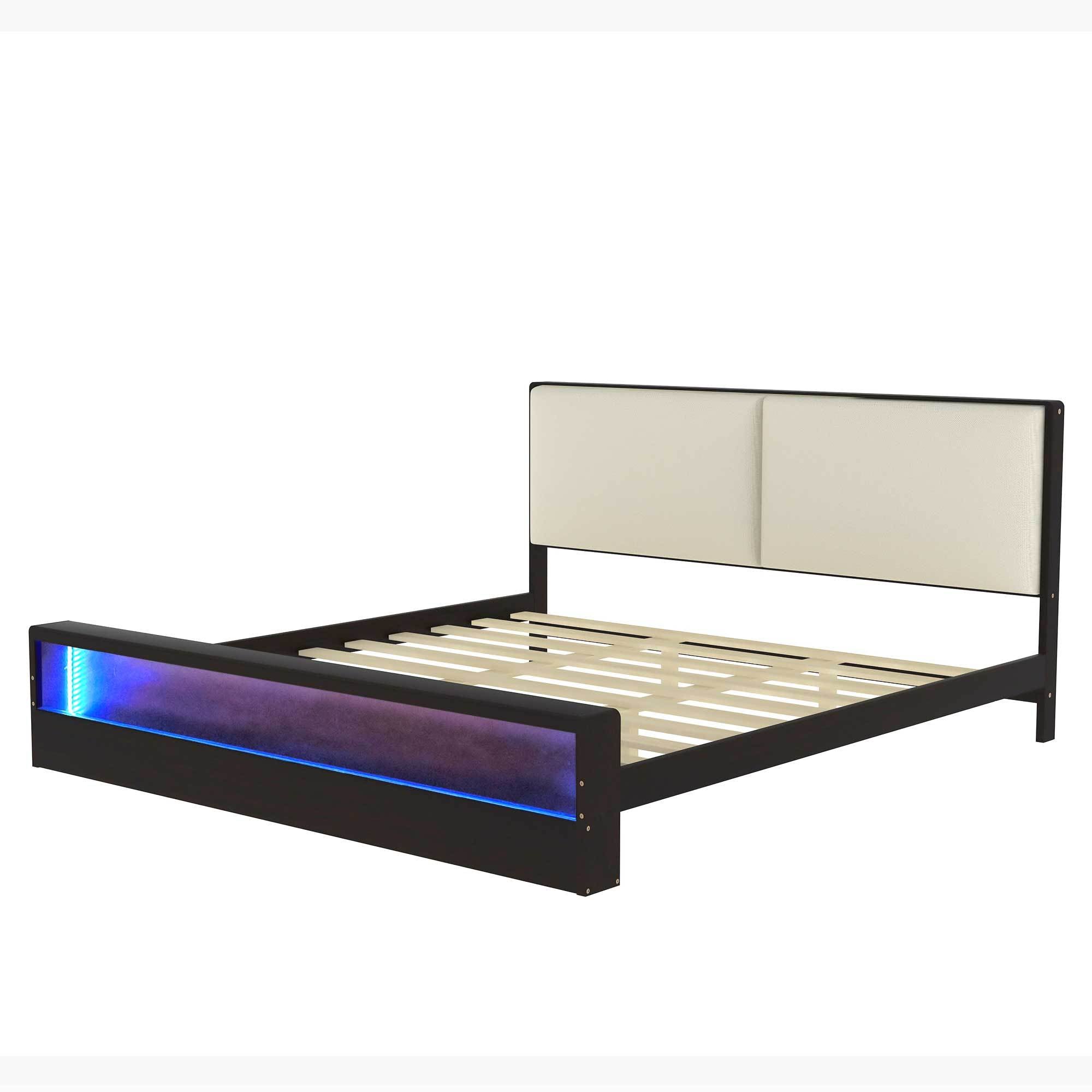 King Size Platform Bed Frame with Upholstery Headboard and Bookshelf in Footboard and LED Light Strips, Espresso