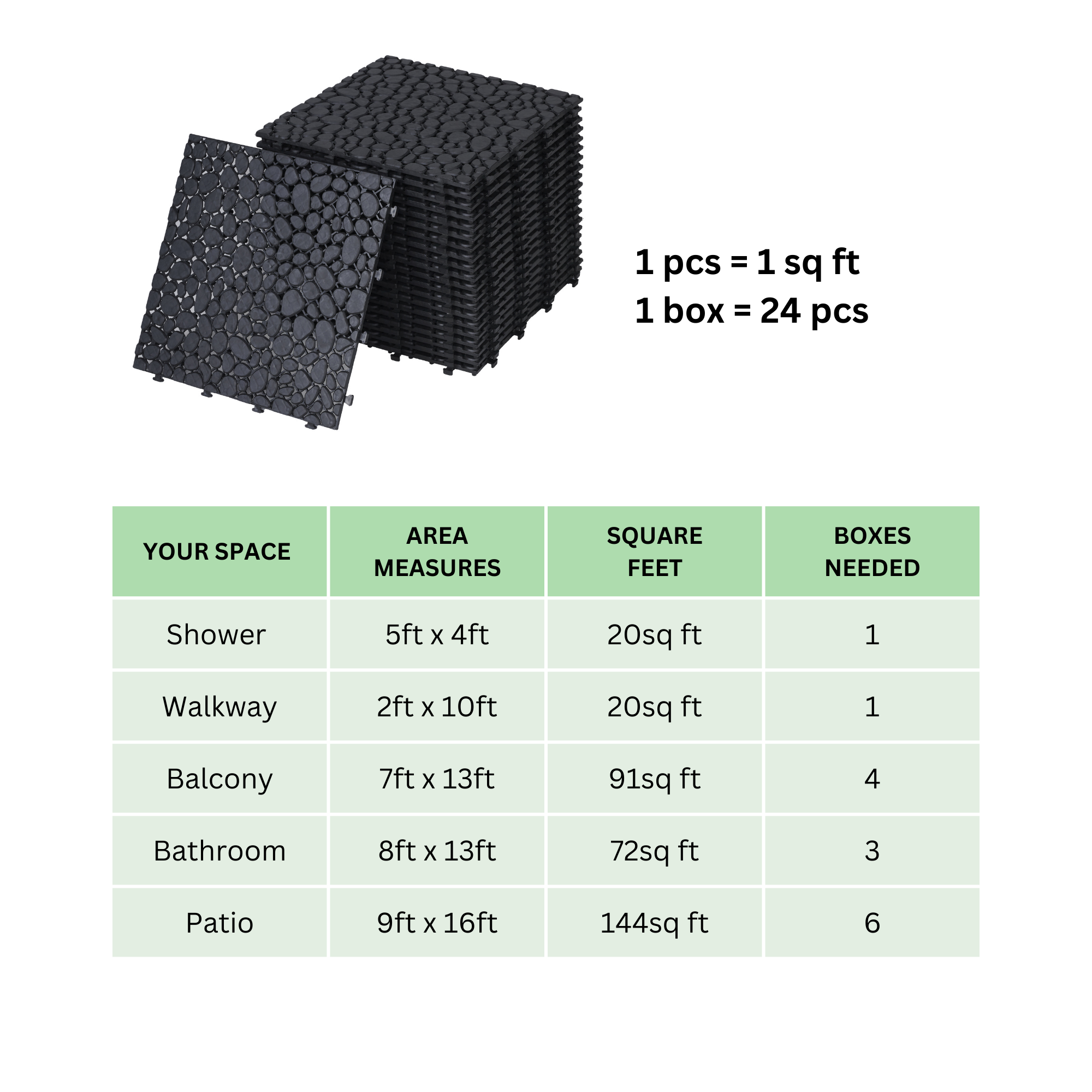 12 x 12 Inch Black Interlocking Deck Tiles Plastic Waterproof Outdoor All Weather Anti-slip Bathroom Shower Balcony Porch Strong Weight Capacity Upto 440 LBS, Pebble Stone Pattern Pack of 24
