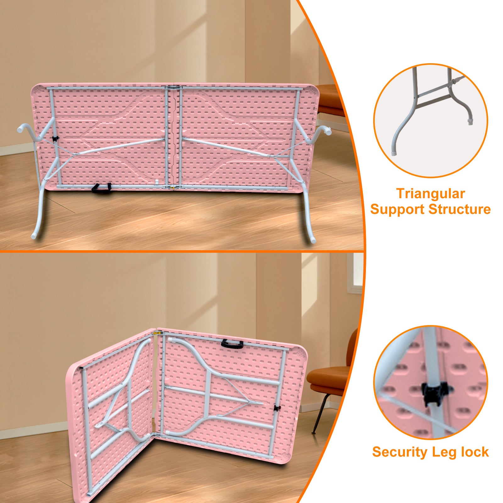 6ft Pink Folding Table, Portable Plastic Table for Camping, Picnics, Parties, High Load Bearing Foldable Table
