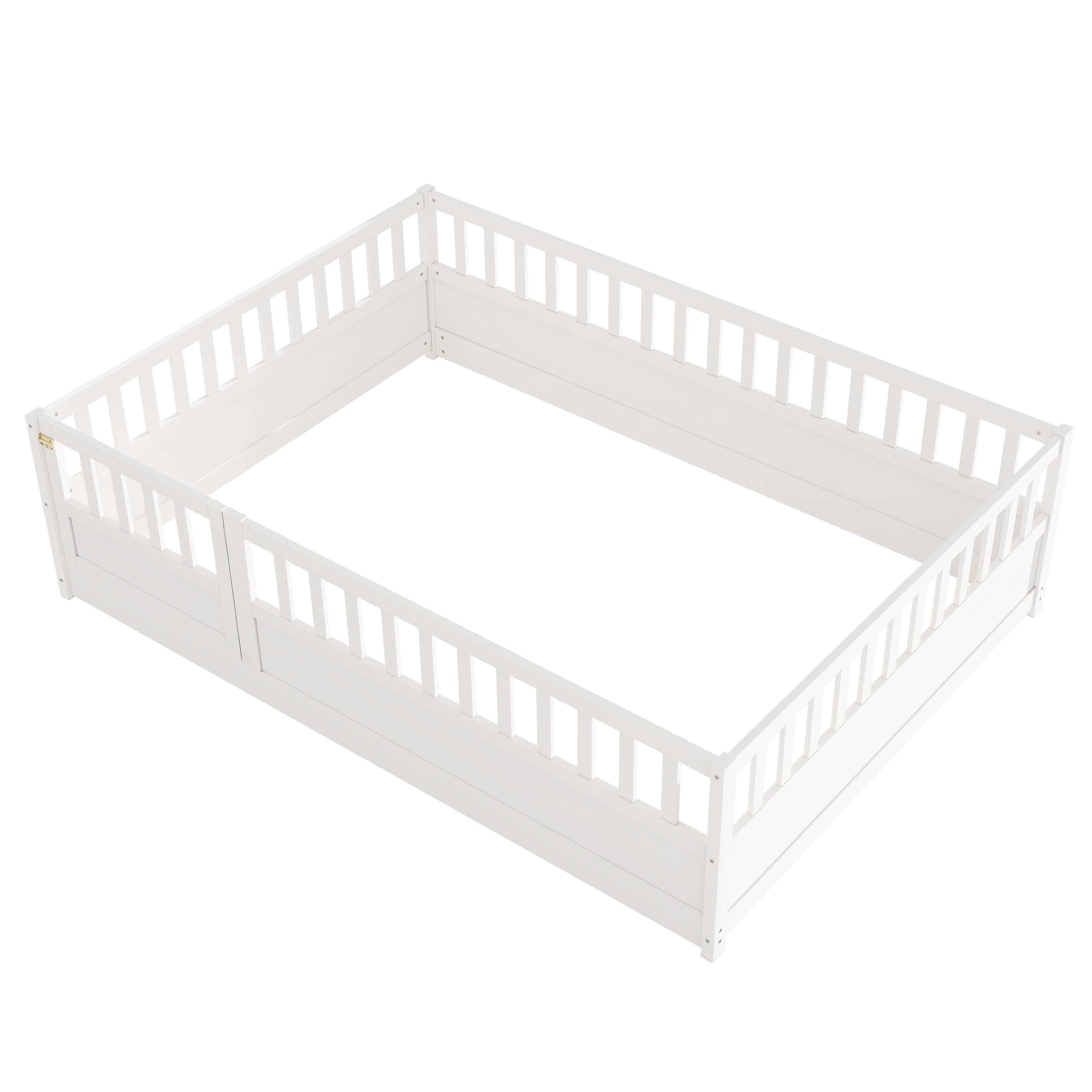 Full size Floor bed, integral construction with super high security barrier, door, children's floor bed frame, Montessori wooden children's floor bed, white