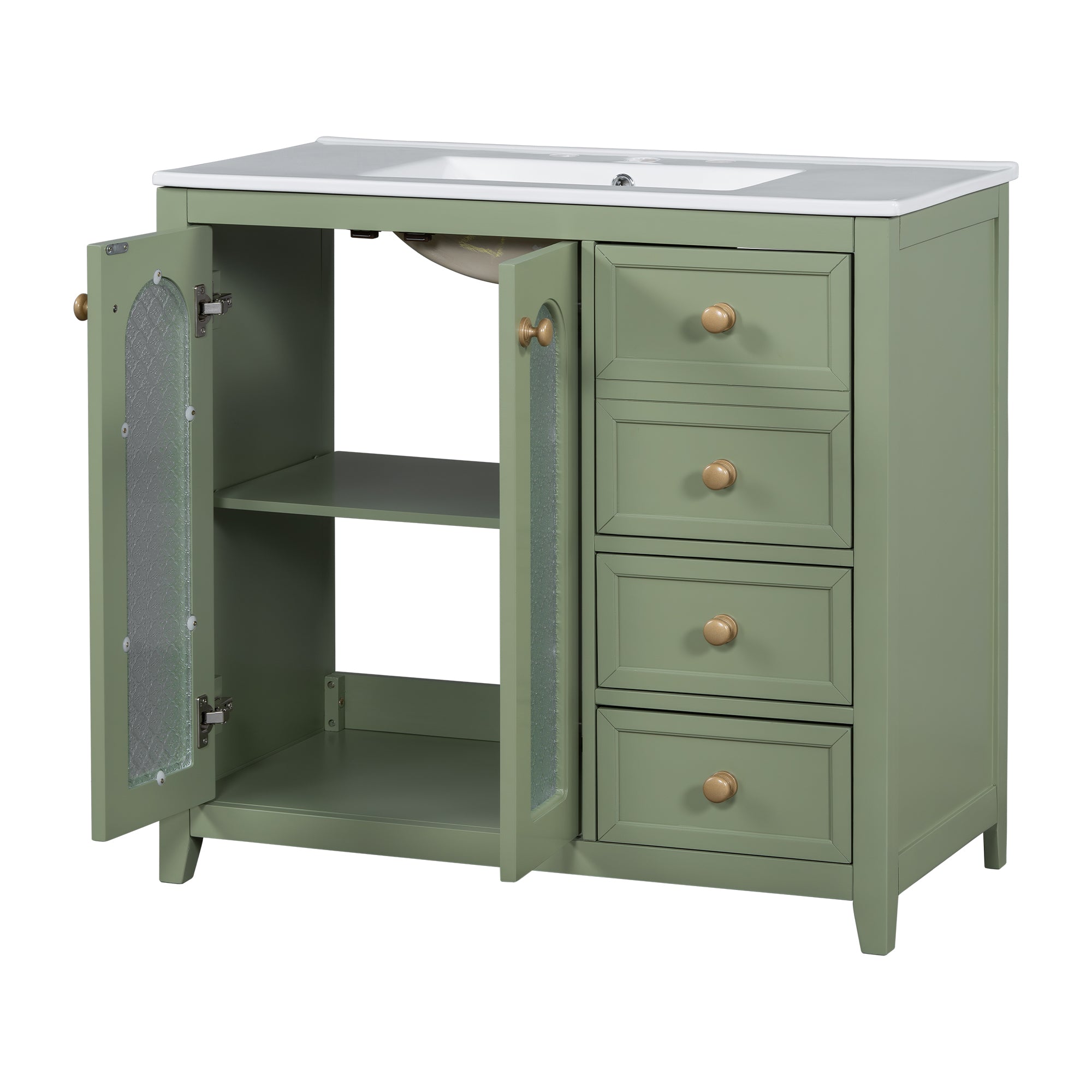 36-inch bathroom vanity with two soft close doors, adjustable shelves and three drawers