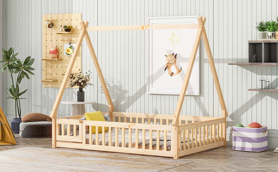 Full Tent-shaped Floor Bed, with Guardrails, Slats, Door ,Natural