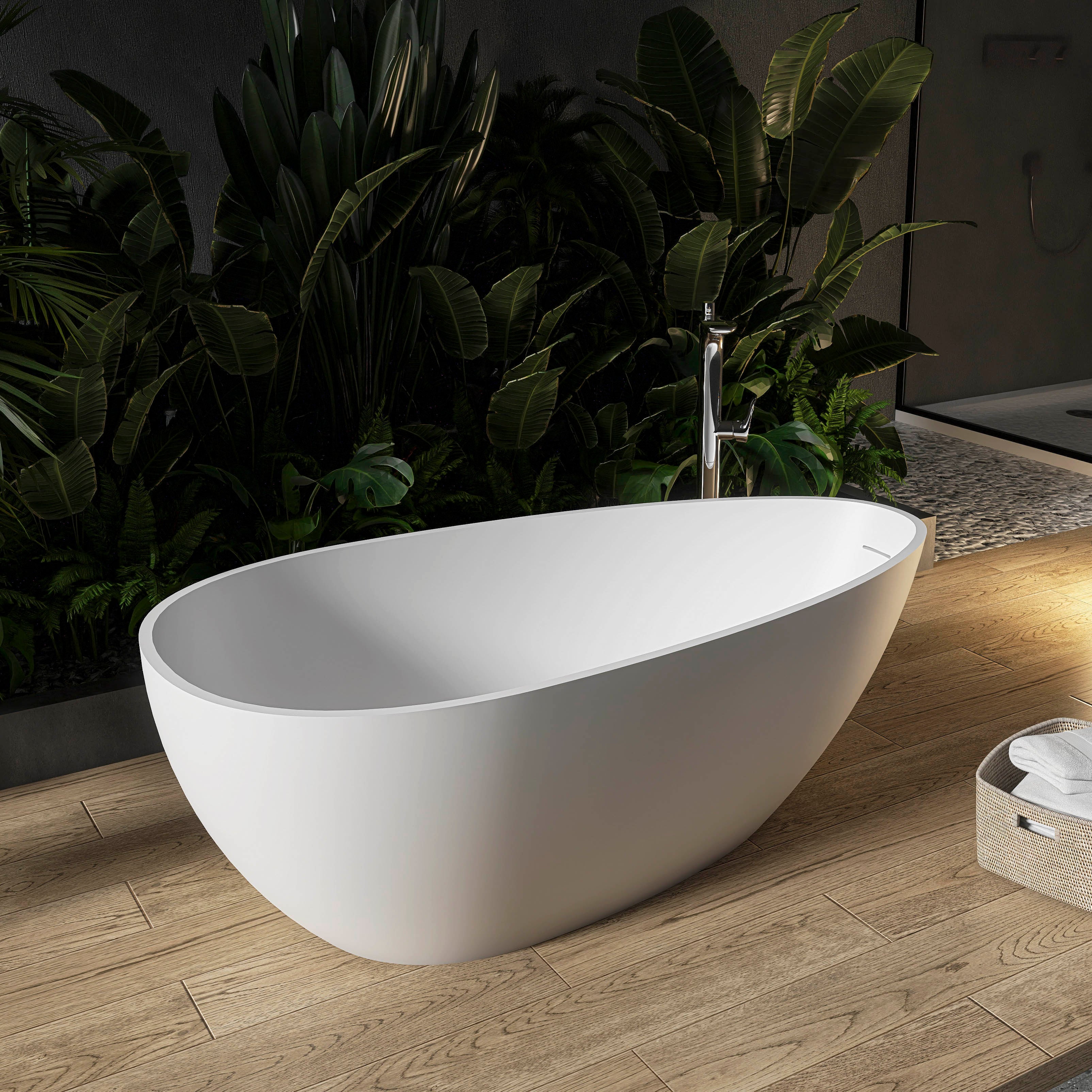 Freestanding egg shape solid surface bathtub 59 inch white side profile