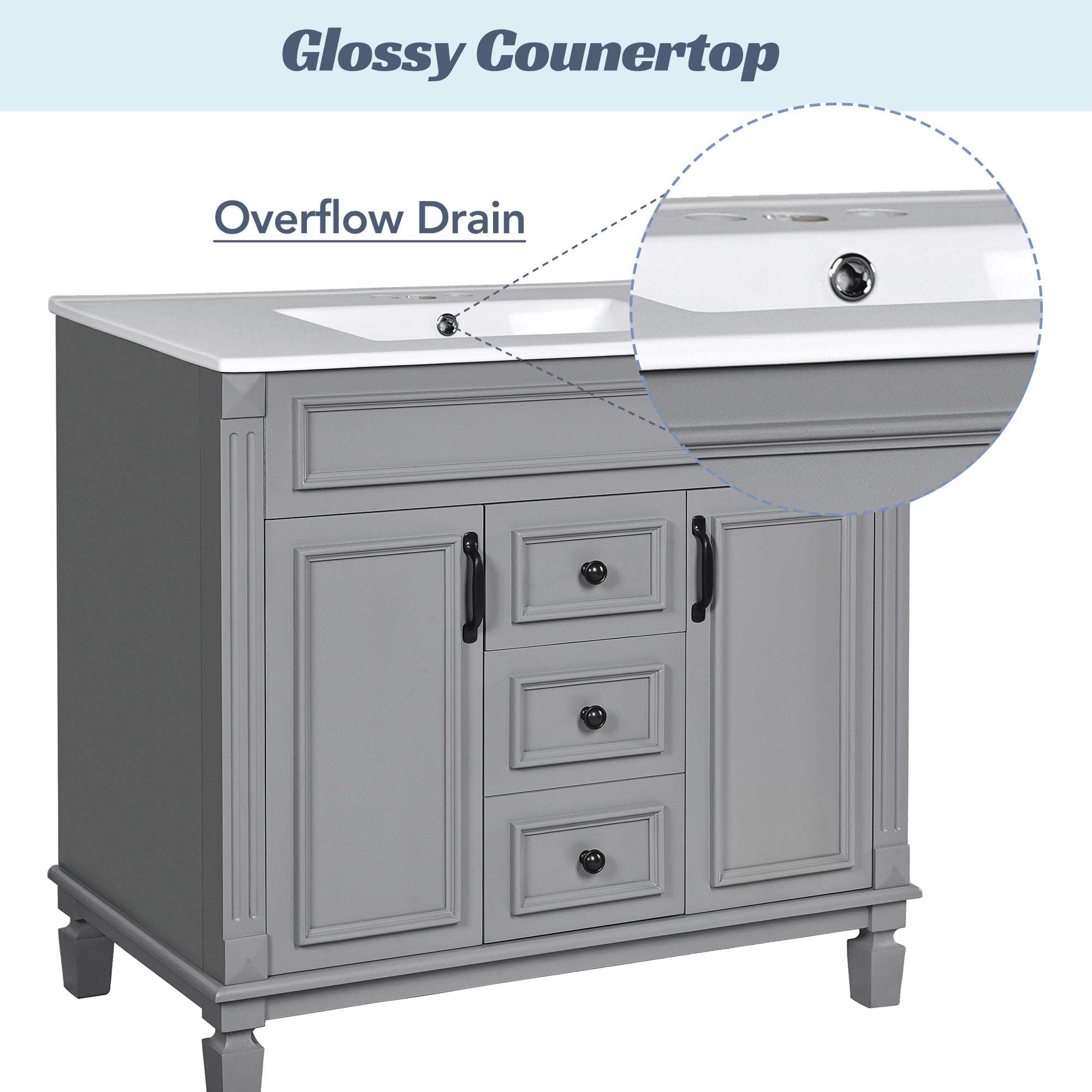 36 inch modern single sink vanity, side profile