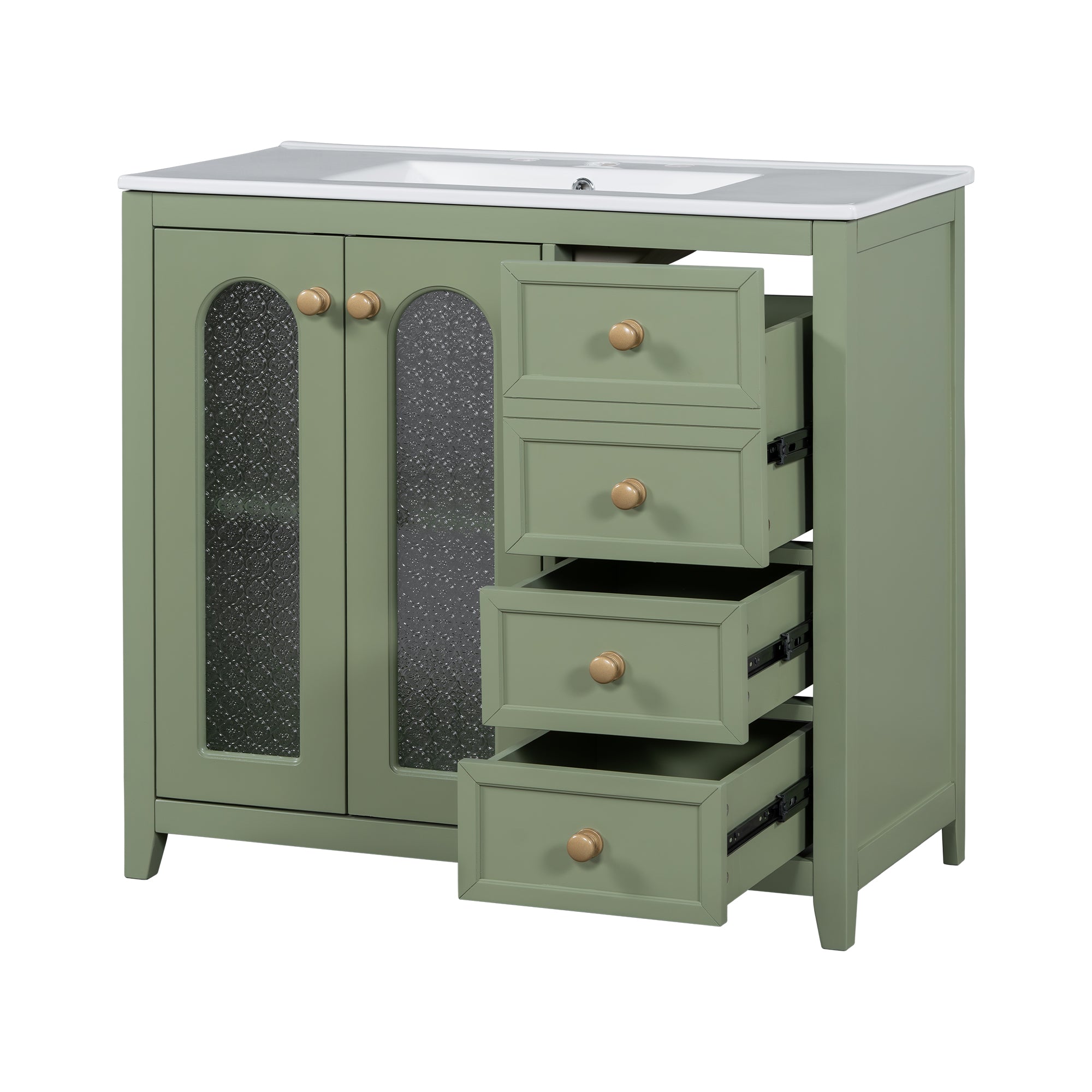 36-inch bathroom vanity with two soft close doors, adjustable shelves and three drawers
