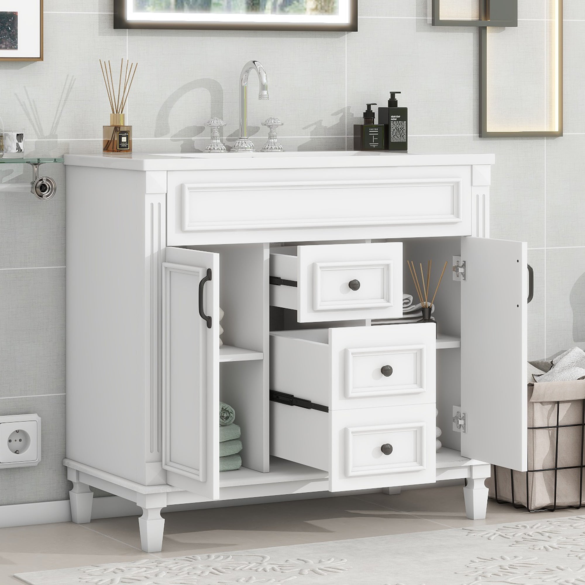 36-inch modern single-sink bathroom vanity styled in a modern bathroom