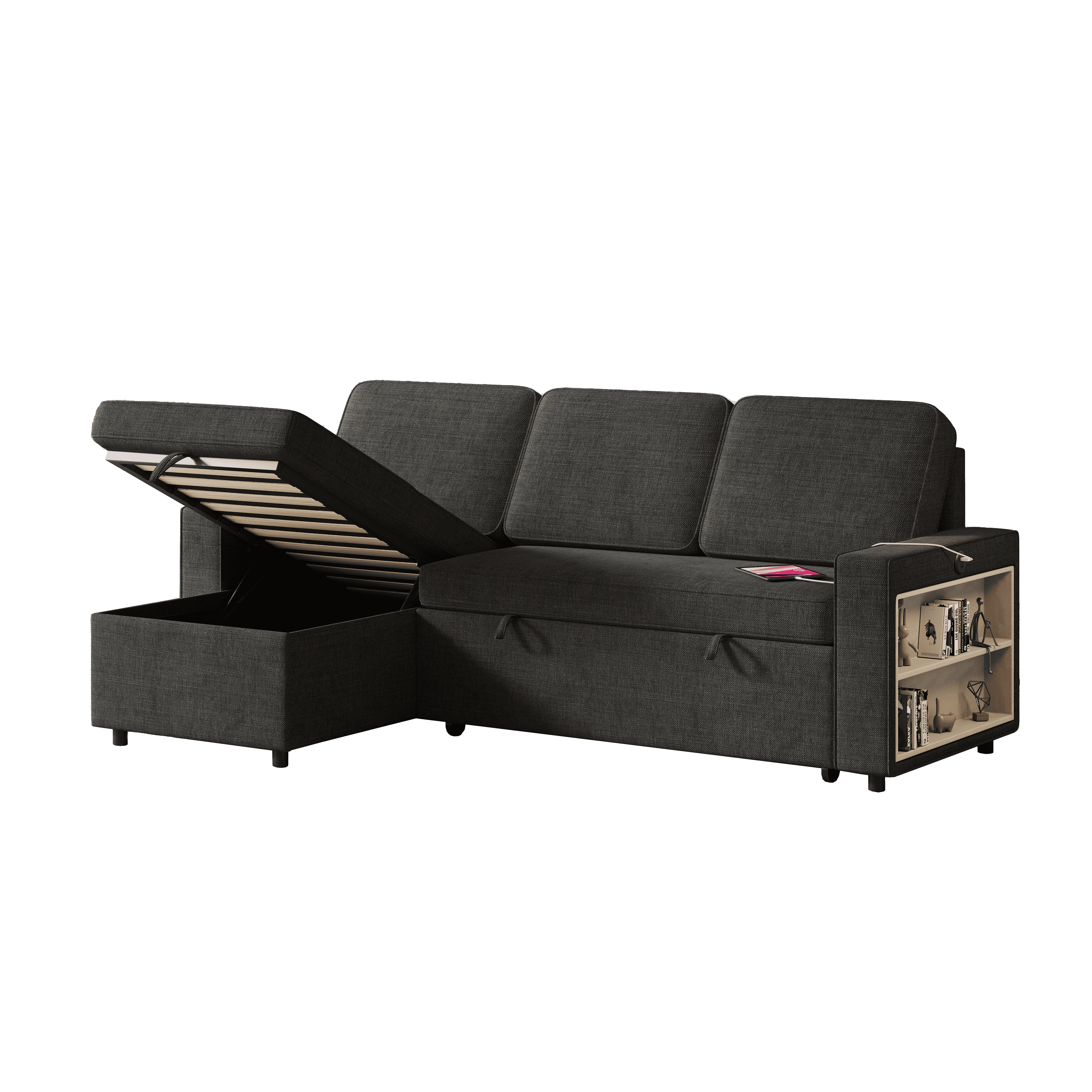 85.8" Pull Out Sleeper Sofa L-Shaped Couch Convertible Sofa Bed with Storage Chaise And Storage Racks,With USB Port And T-pyce Port