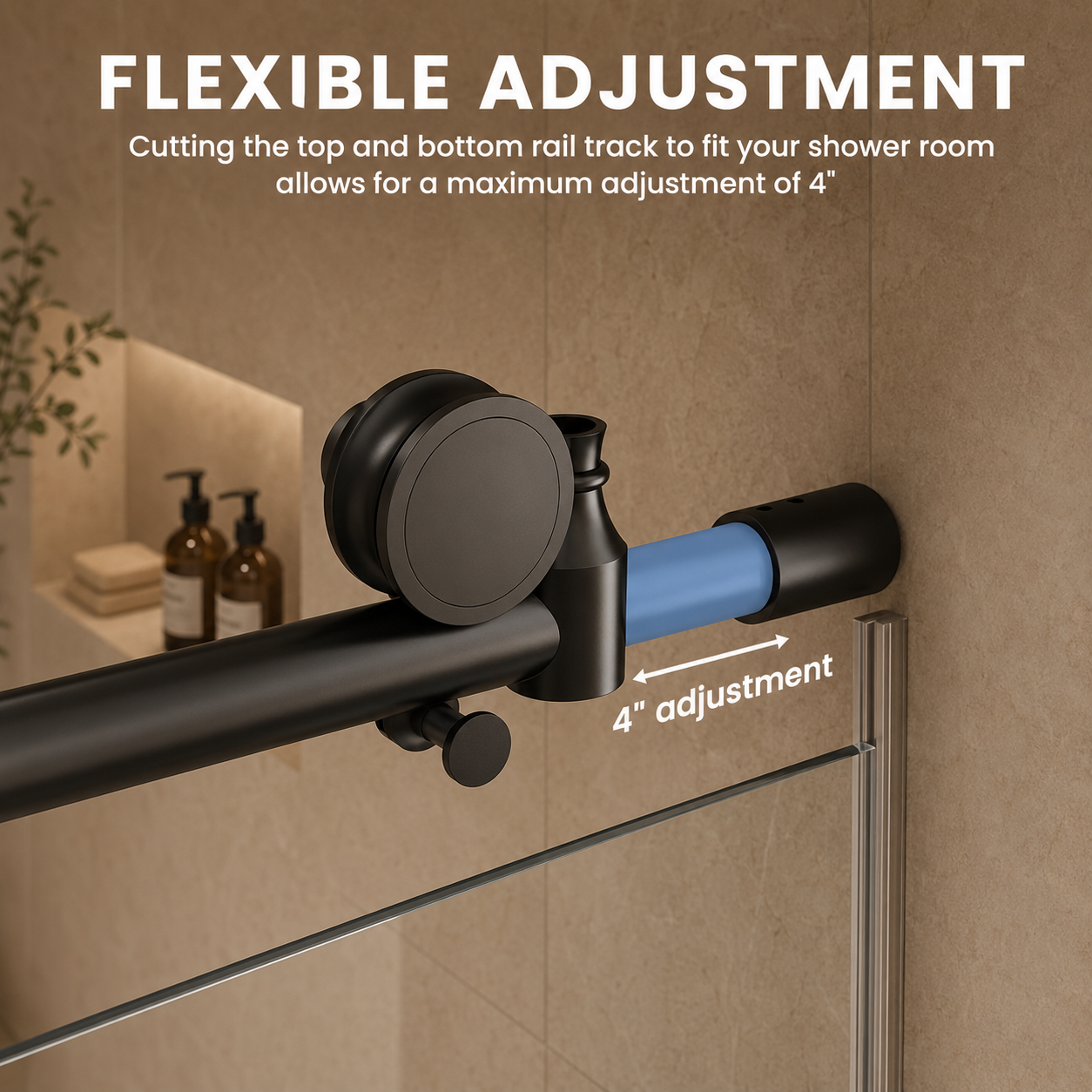56-60 x 76 in Stainless Rail Frameless Sliding Shower Door - 56-60 x 76 in / Matte Black / Round Rail view 4