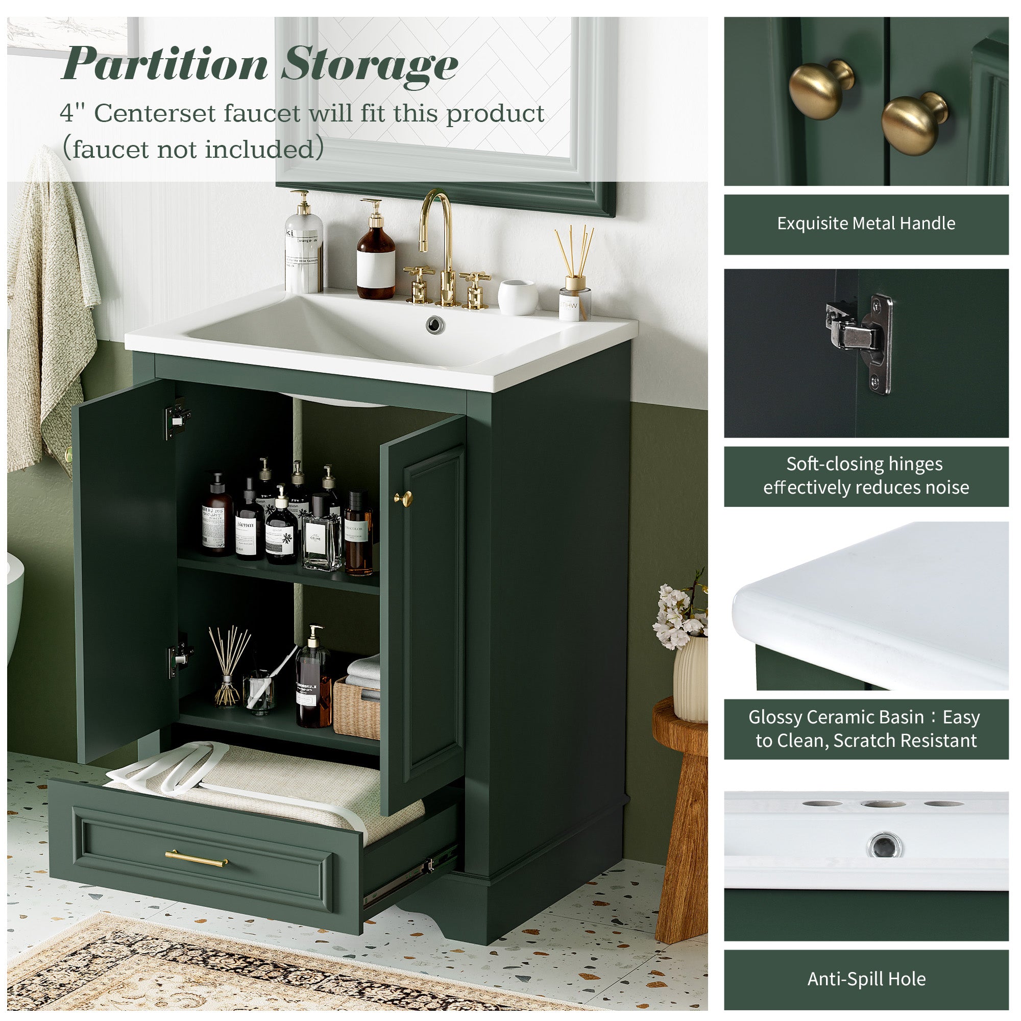 Freestanding bathroom vanity with ceramic sink combo, styled in bathroom setting