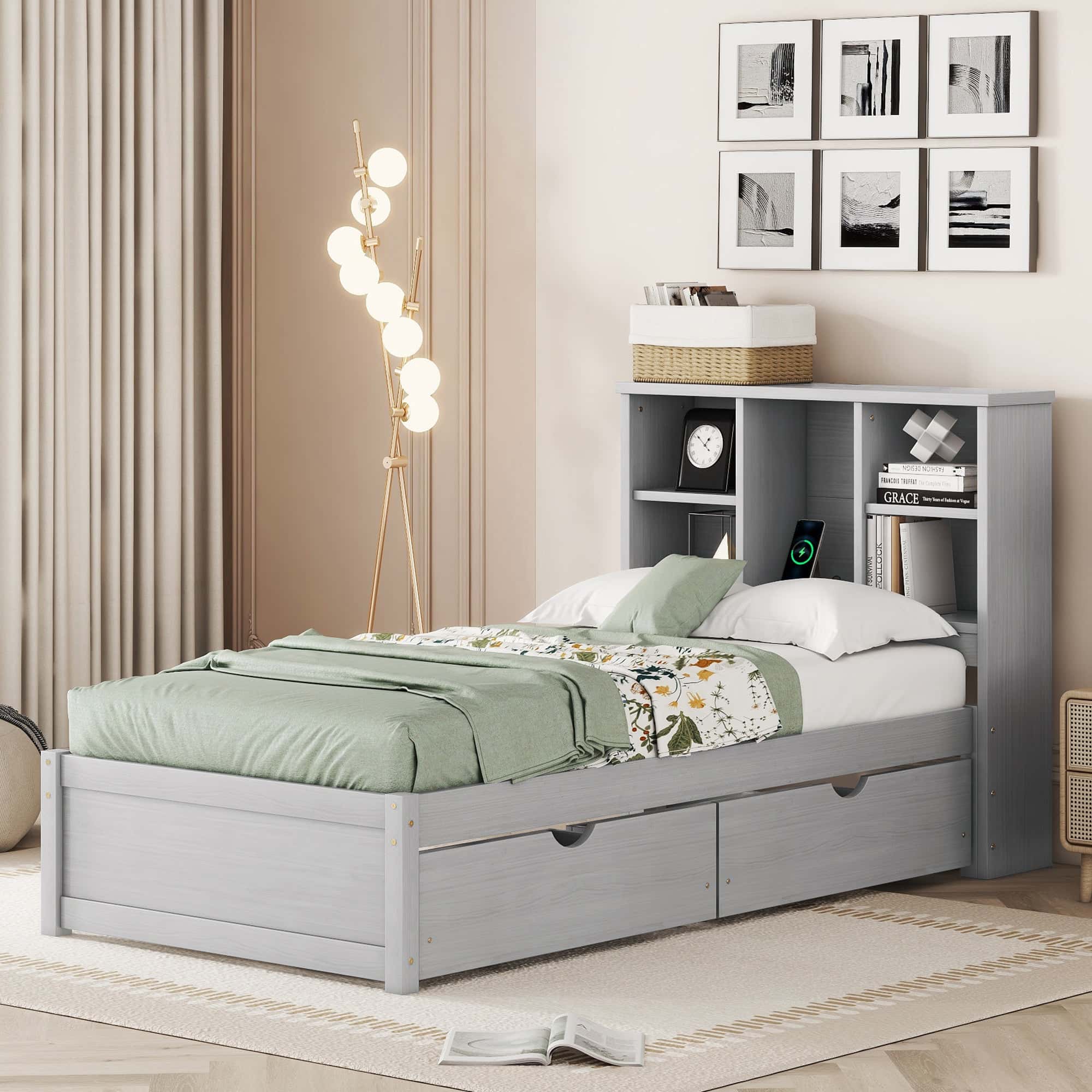 Modern Twin Size Bed Frame With Built-in USB Port on Bookcase Headboard and 2 Drawers for Grey Color