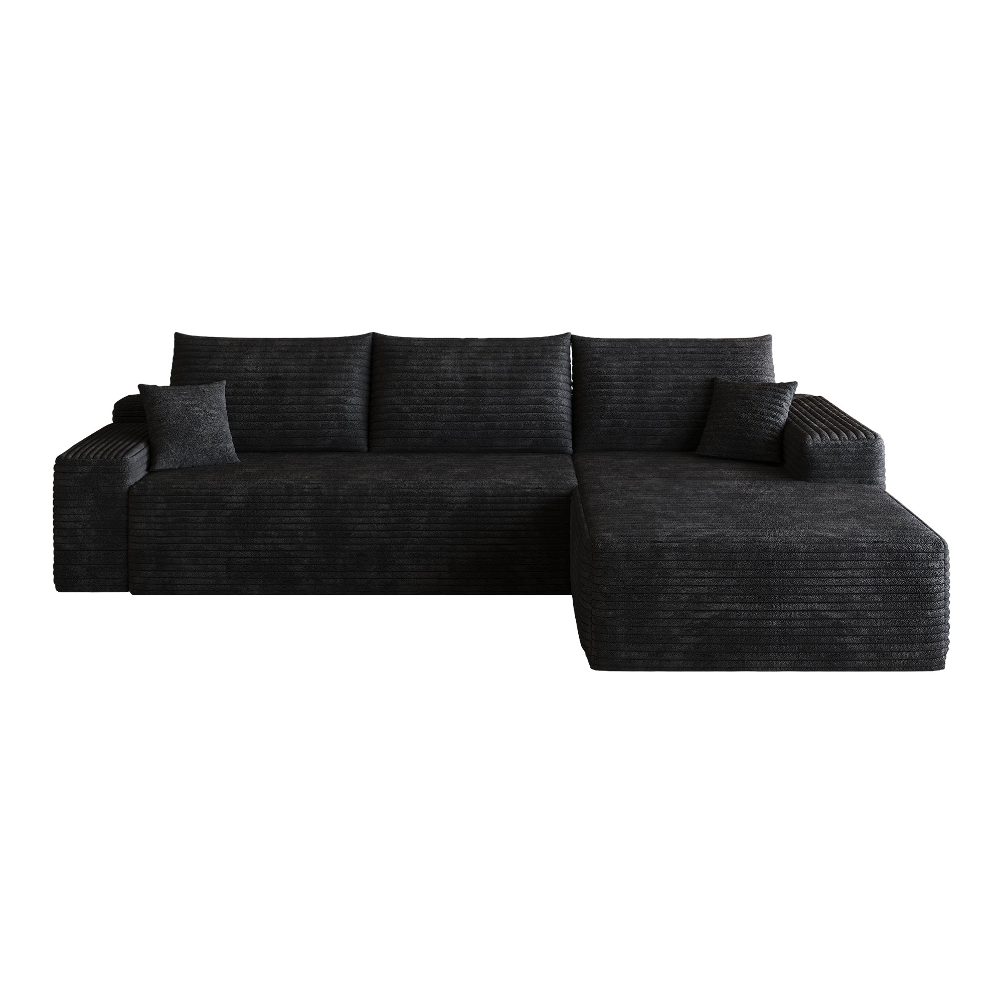Black corduroy sectional sofa, fabric texture close-up