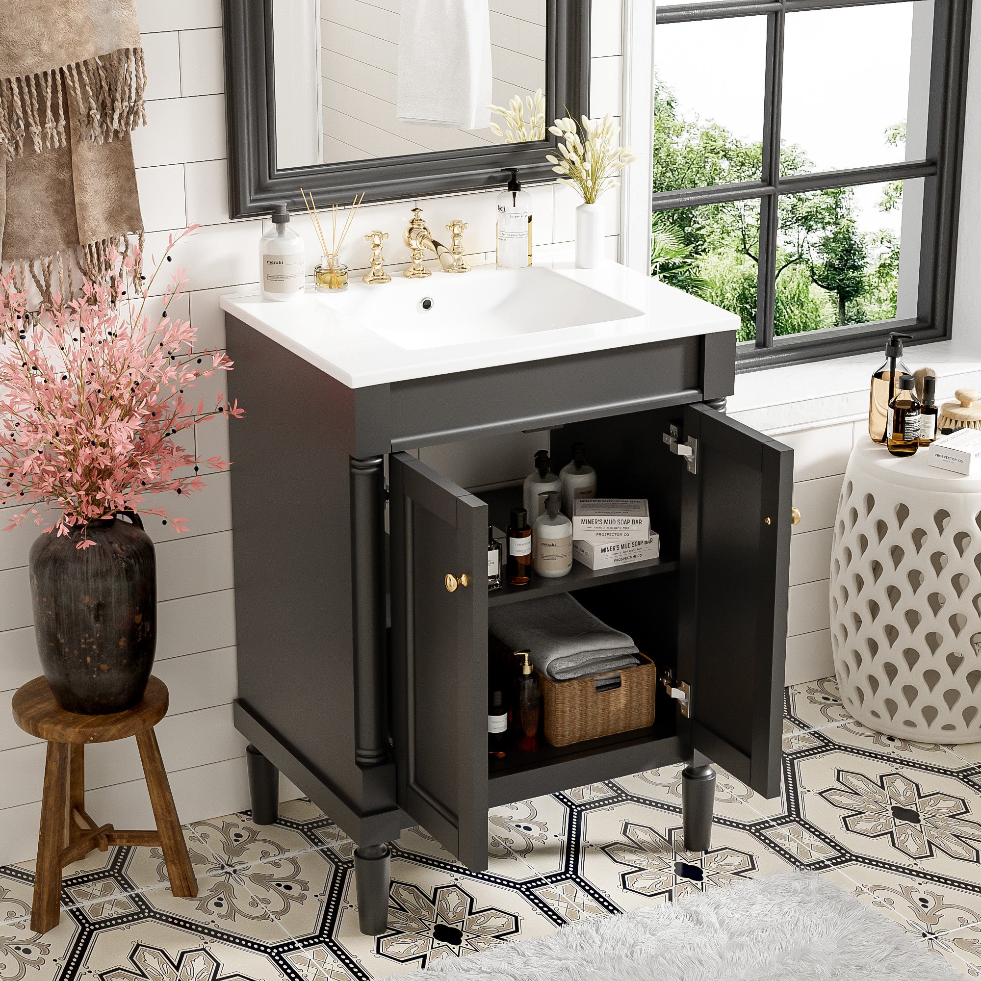 Modern bathroom vanity two-tier storage cabinet detail