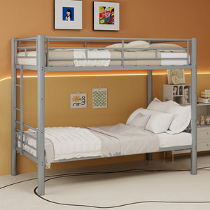 Silver twin over twin convertible metal bunk bed with guardrails and ladder, assembled view
