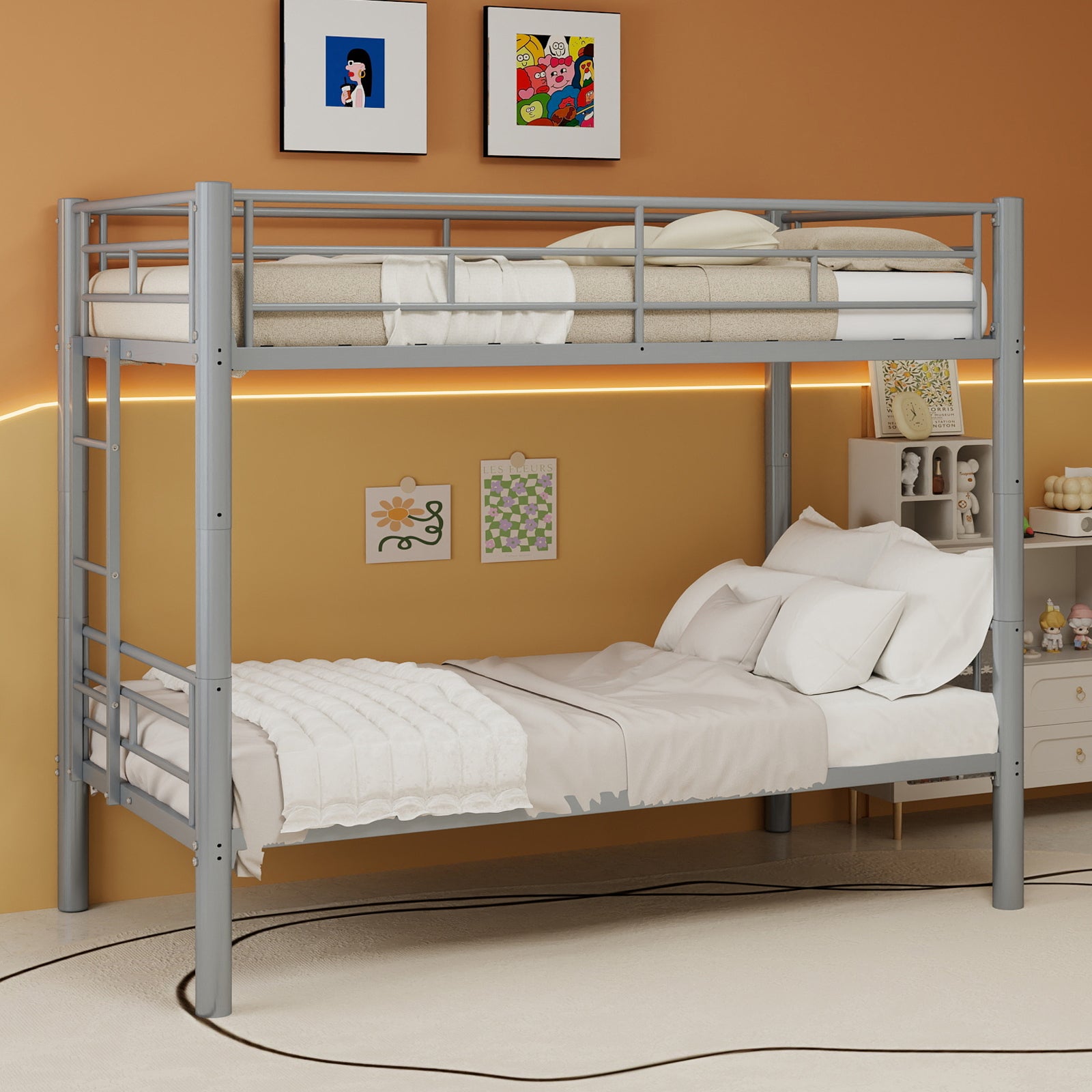 Silver twin over twin convertible metal bunk bed with guardrails and ladder, assembled view